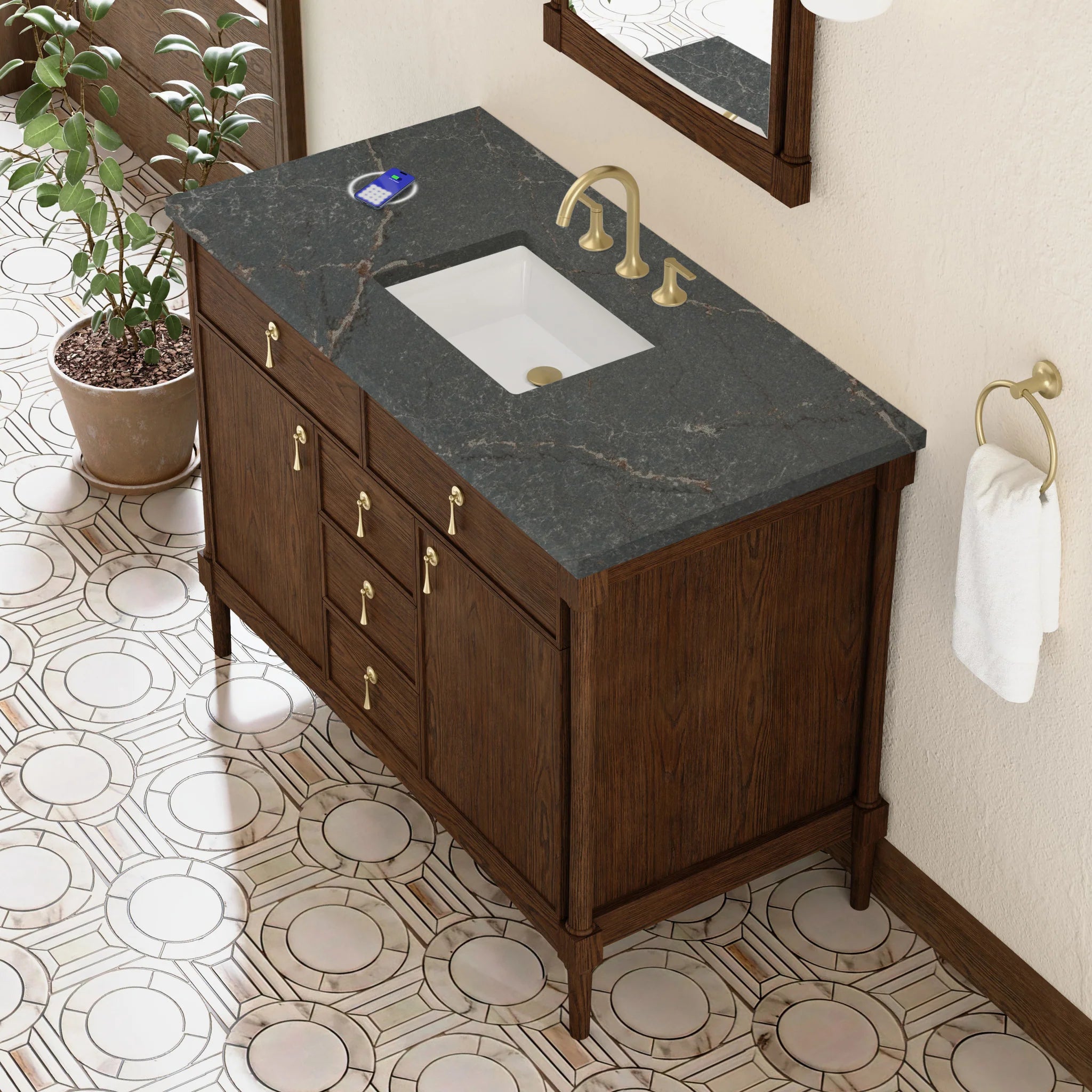 48" Kinnsden Single Vanity in Sable Oak w/FreePower Wireless Charger by James Martin Vanities-Parisien Bleu Silestone 5