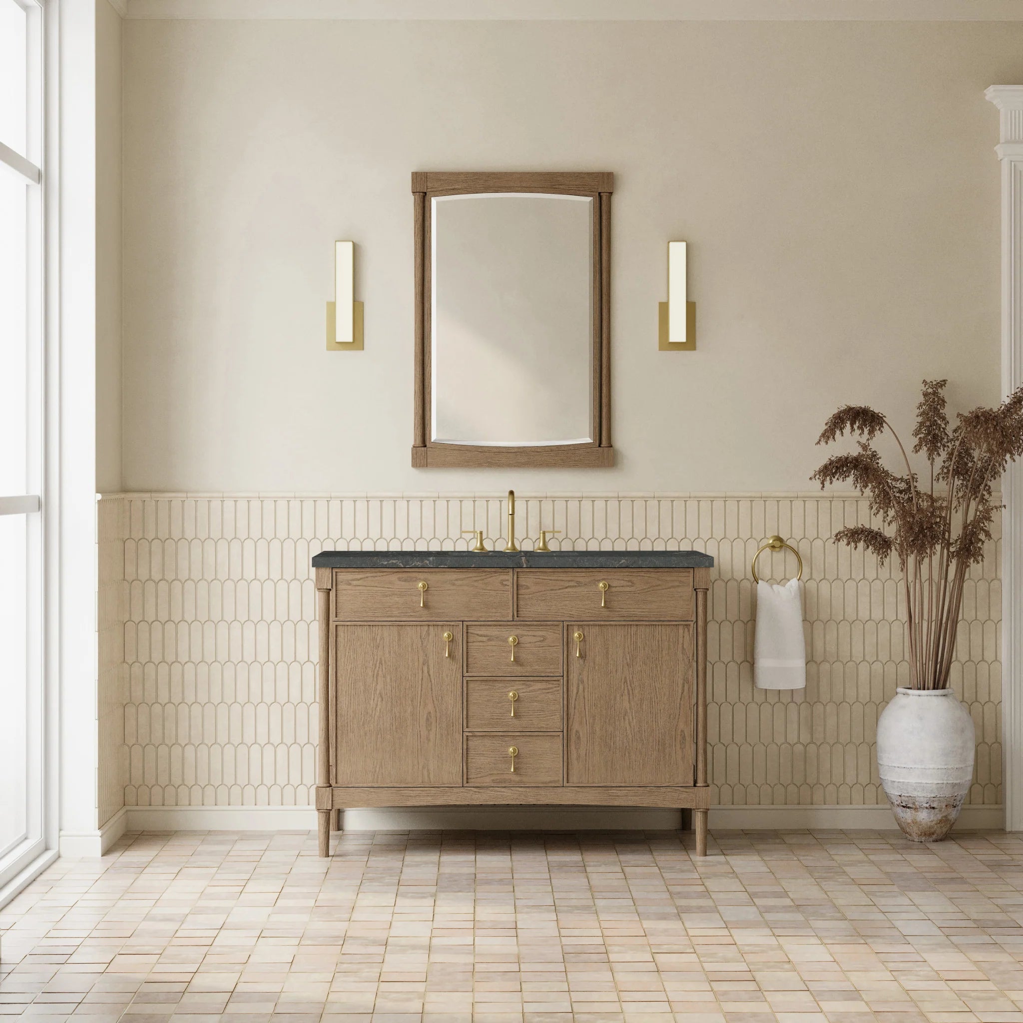 48" Kinnsden Single Vanity in Weathered Oak by James Martin Vanities-Parisien Bleu Silestone 1