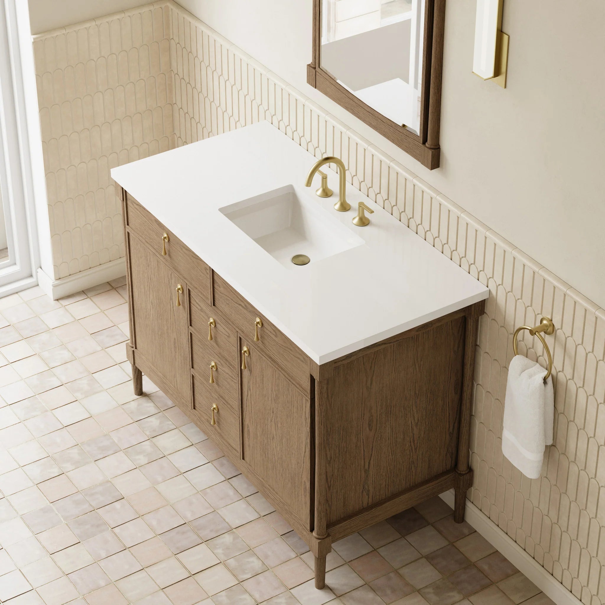 48" Kinnsden Single Vanity in Weathered Oak by James Martin Vanities-White Zeus Silestone 9