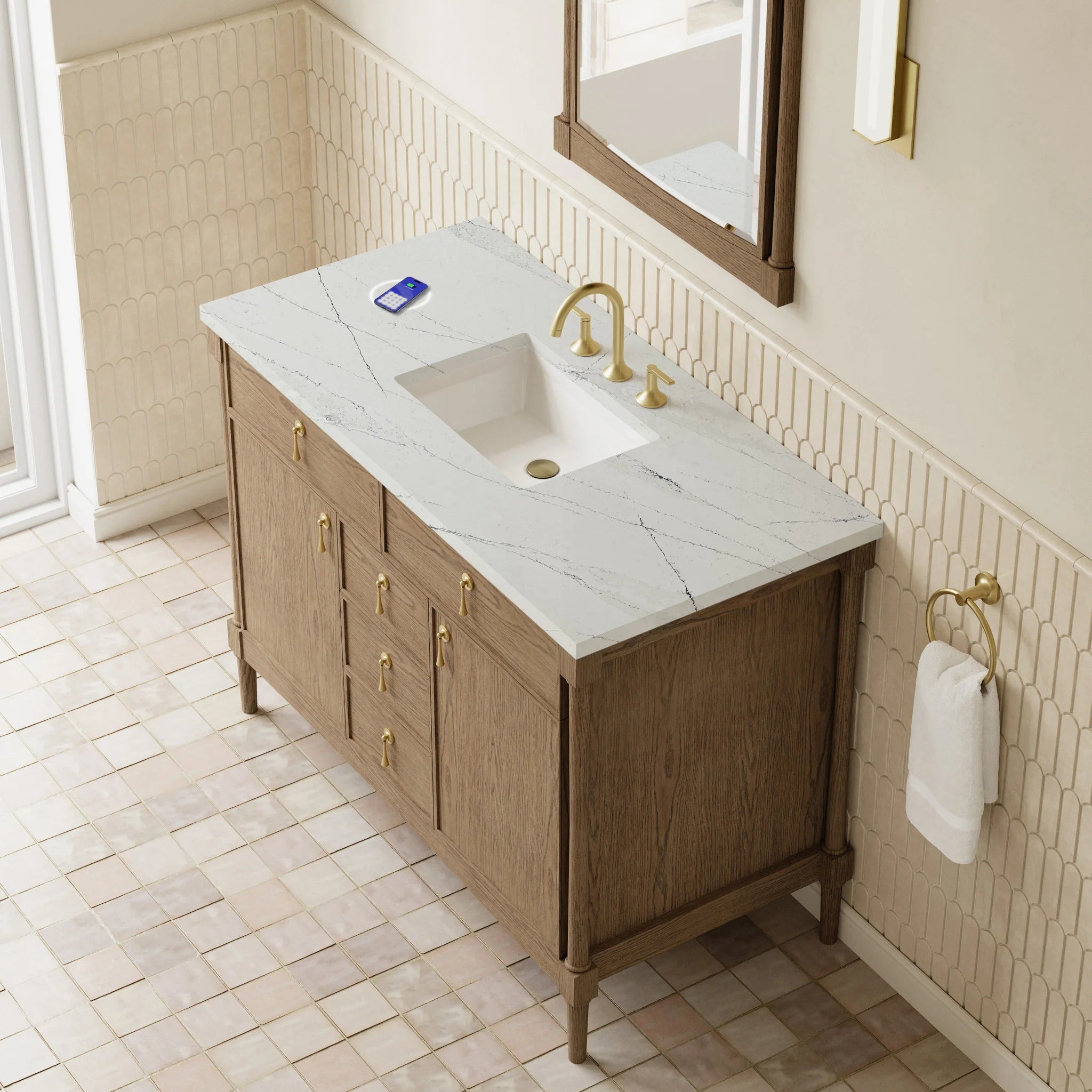 48" Kinnsden Single Vanity in Weathered Oak w/FreePower Wireless Charger by James Martin Vanities-Ethereal Noctis Silestone 5