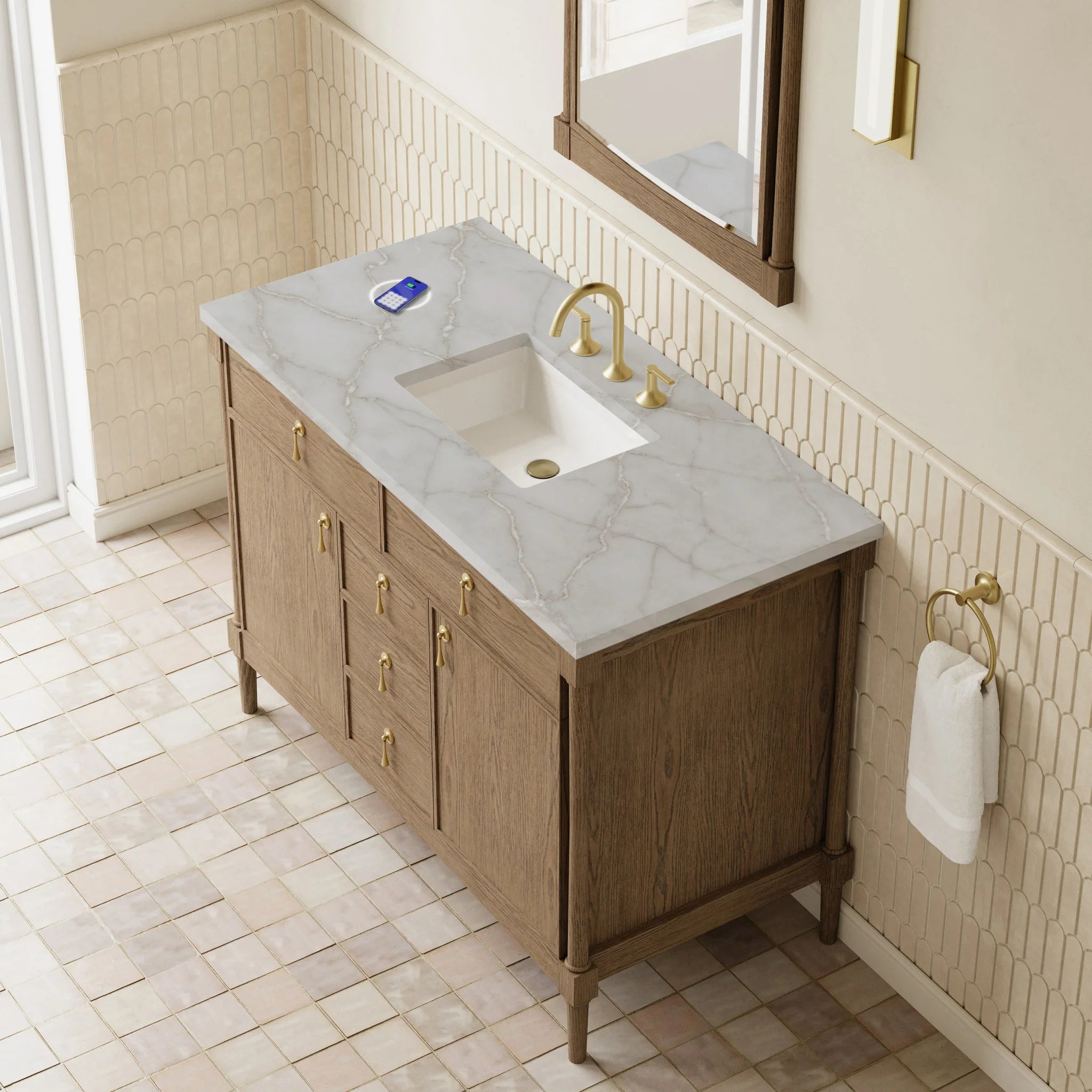 48" Kinnsden Single Vanity in Weathered Oak w/FreePower Wireless Charger by James Martin Vanities-Victorian Silver Silestone 5