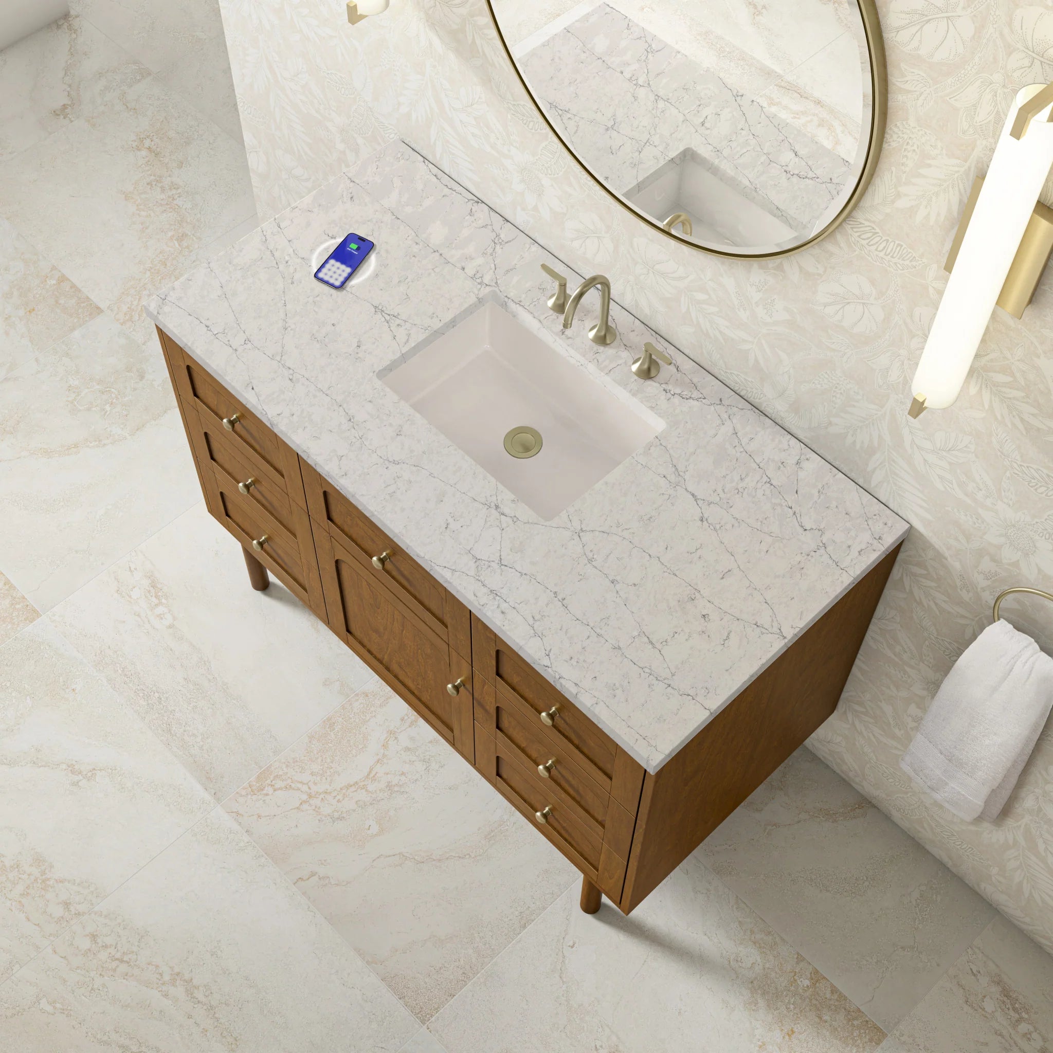 48" Laurent Single Vanity in Honey Oak w/FreePower Wireless Charger by James Martin Vanities-Eternal Jasmine Pearl Silestone 8