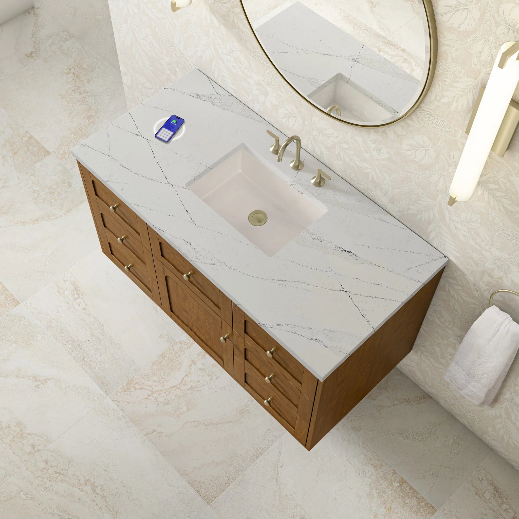 48" Laurent Single Vanity in Honey Oak w/FreePower Wireless Charger by James Martin Vanities-Ethereal Noctis Silestone 9