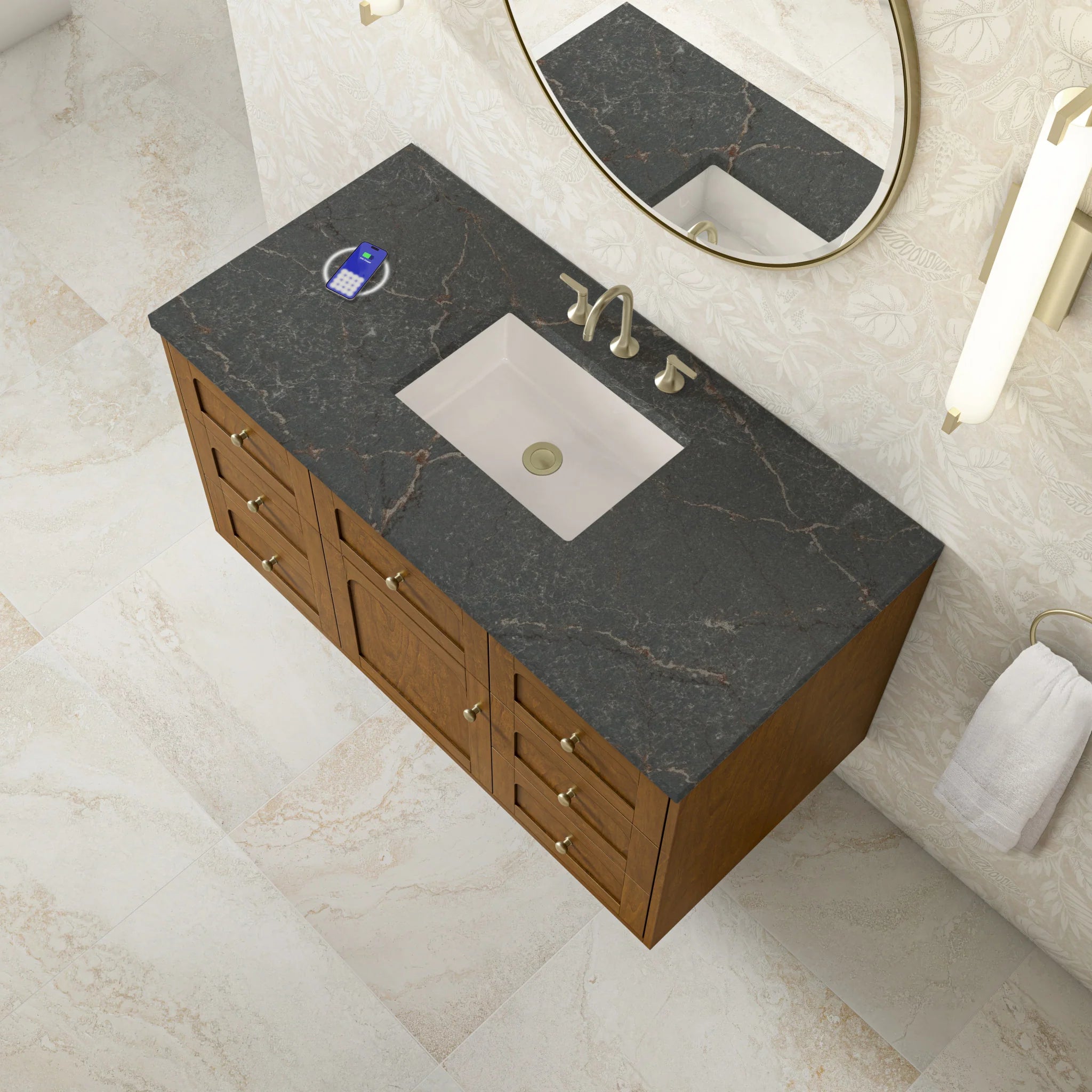 48" Laurent Single Vanity in Honey Oak w/FreePower Wireless Charger by James Martin Vanities-Parisien Bleu Silestone 9
