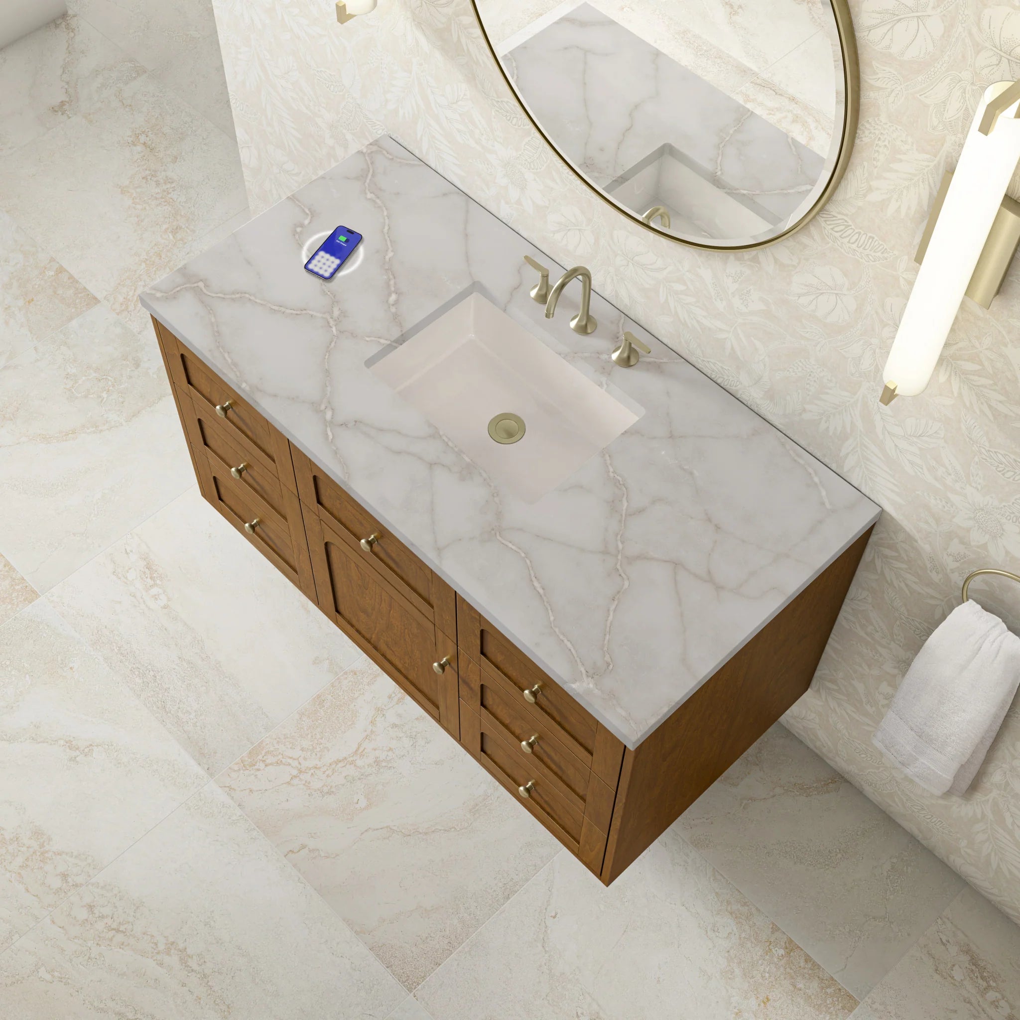 48" Laurent Single Vanity in Honey Oak w/FreePower Wireless Charger by James Martin Vanities-Victorian Silver Silestone 9
