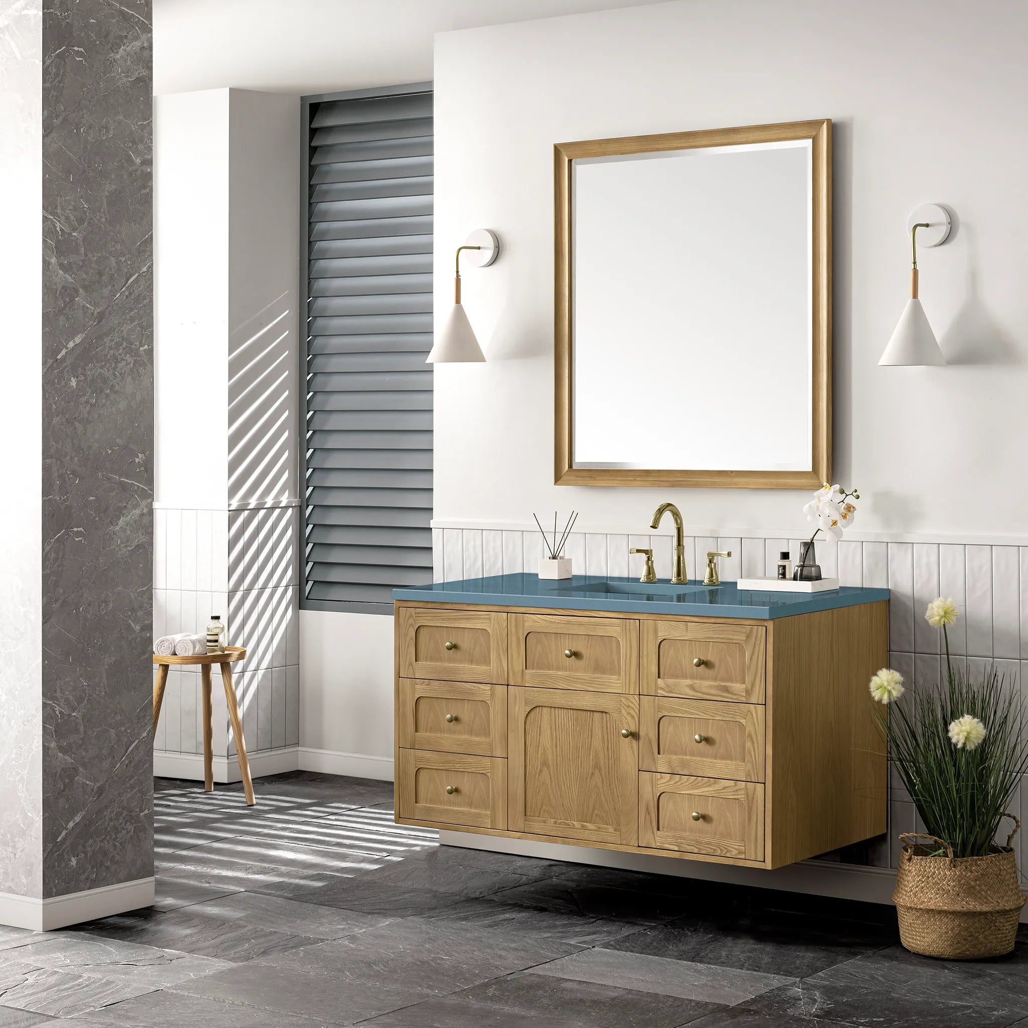 48" Laurent Single Vanity in Light Natural Oak-Carrara White Marble-8" Widespread image 5