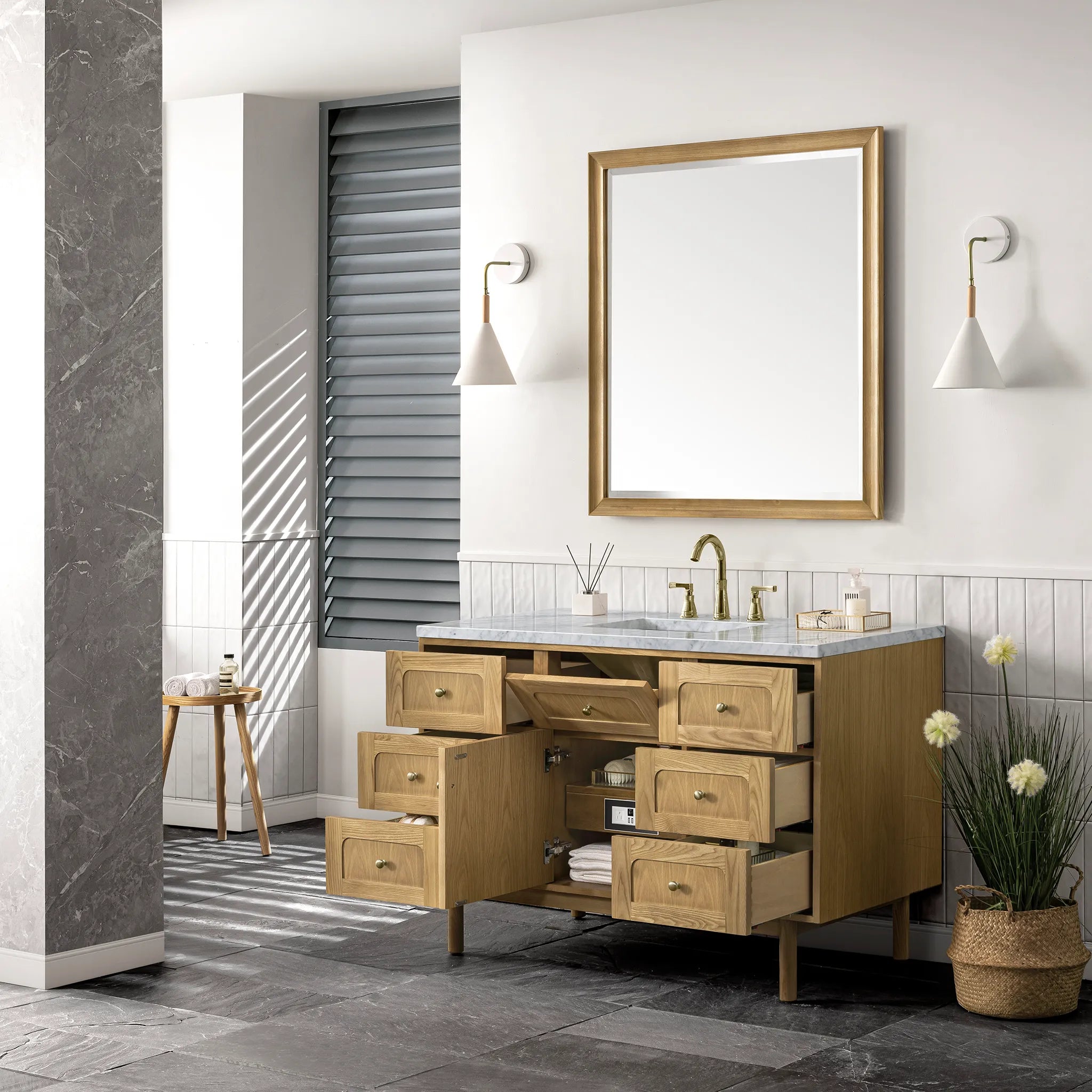 48" Laurent Single Vanity in Light Natural Oak-Carrara White Marble-8" Widespread image 6