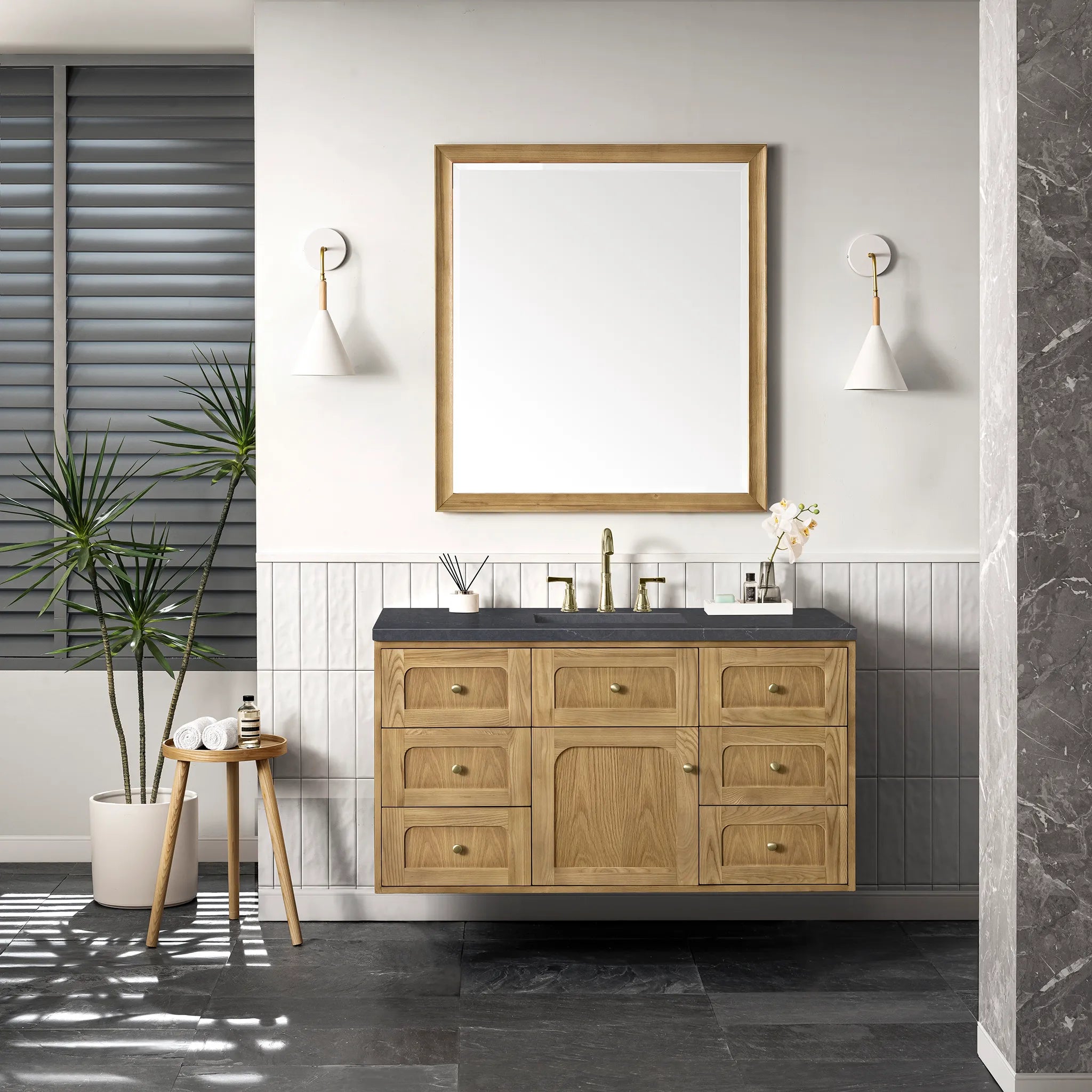 48" Laurent Single Vanity in Light Natural Oak-Charcoal Soapstone Silestone-8" Widespread image 3