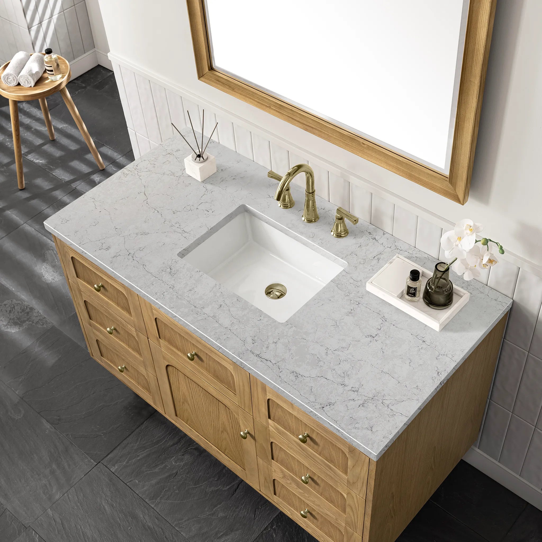 48" Laurent Single Vanity in Light Natural Oak-Eternal Jasmine Pearl Silestone-8" Widespread image 9