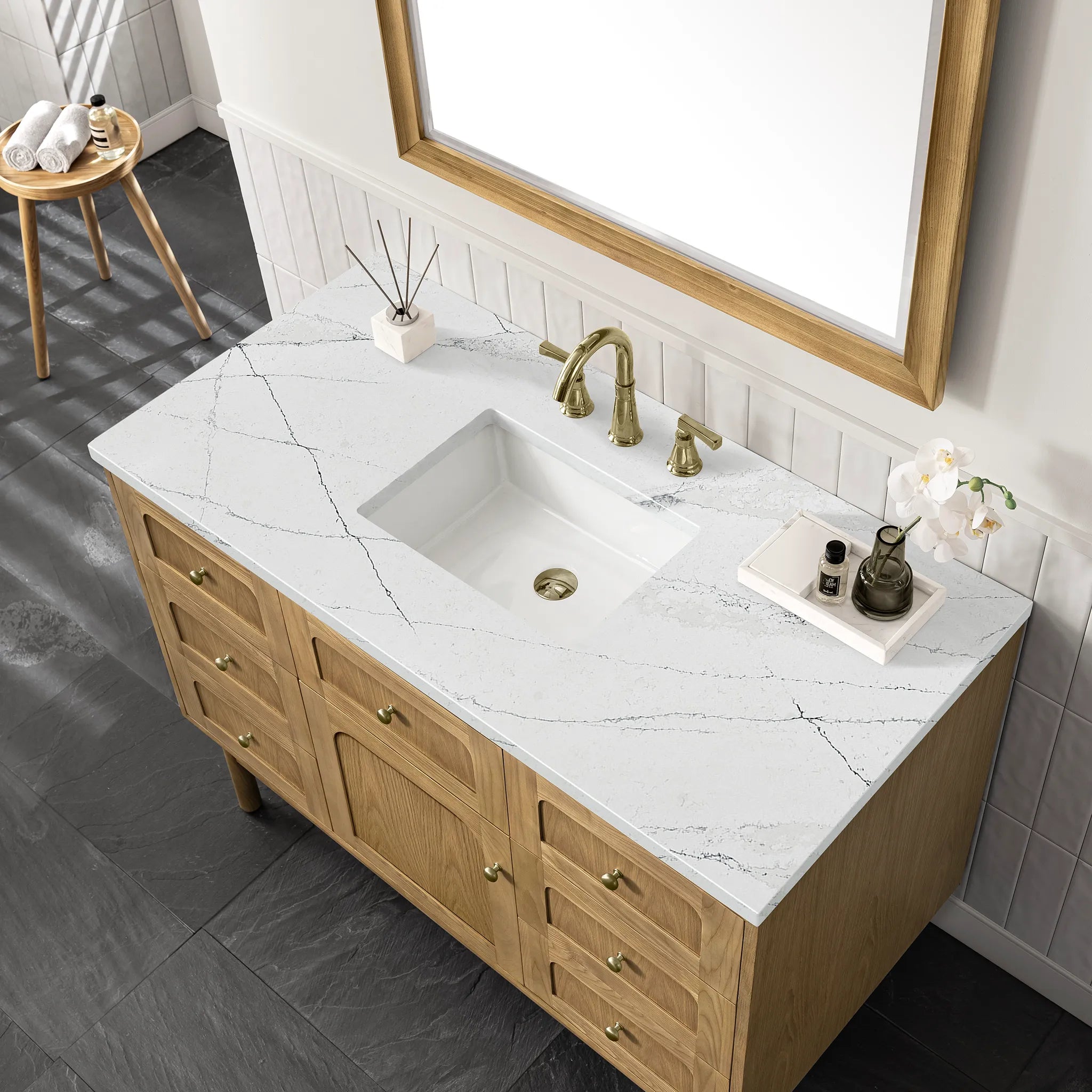 48" Laurent Single Vanity in Light Natural Oak-Ethereal Noctis Silestone-8" Widespread image 9