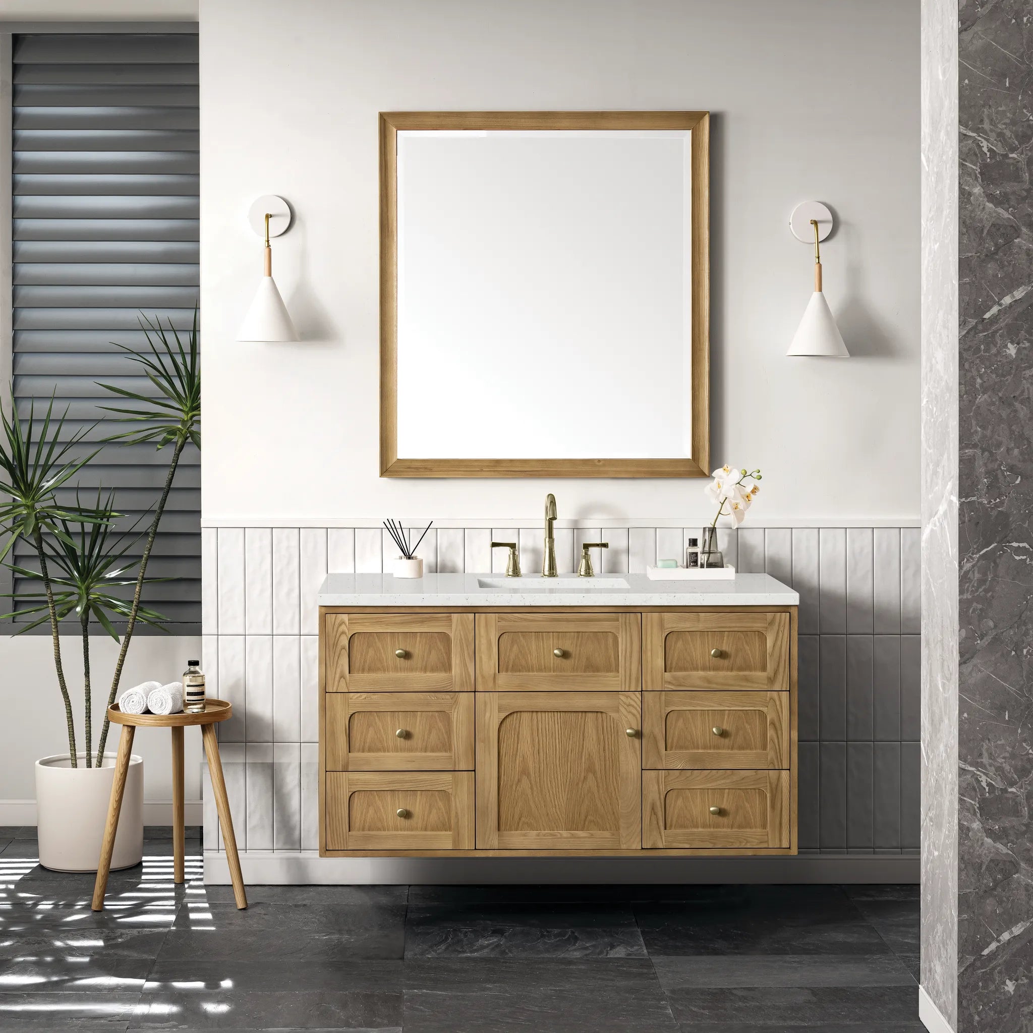 48" Laurent Single Vanity in Light Natural Oak-Lime Delight Silestone-8" Widespread image 3