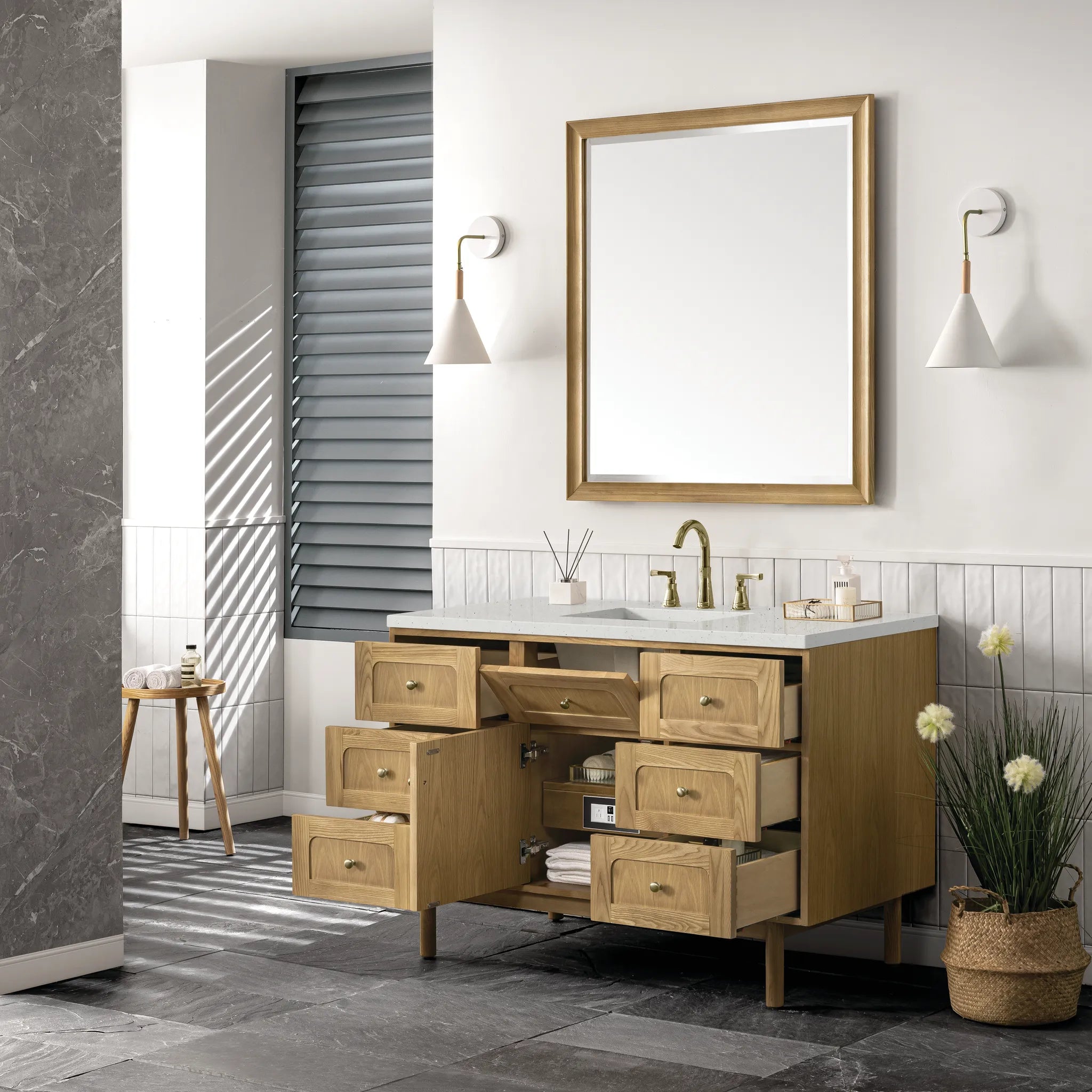 48" Laurent Single Vanity in Light Natural Oak-Lime Delight Silestone-8" Widespread image 6