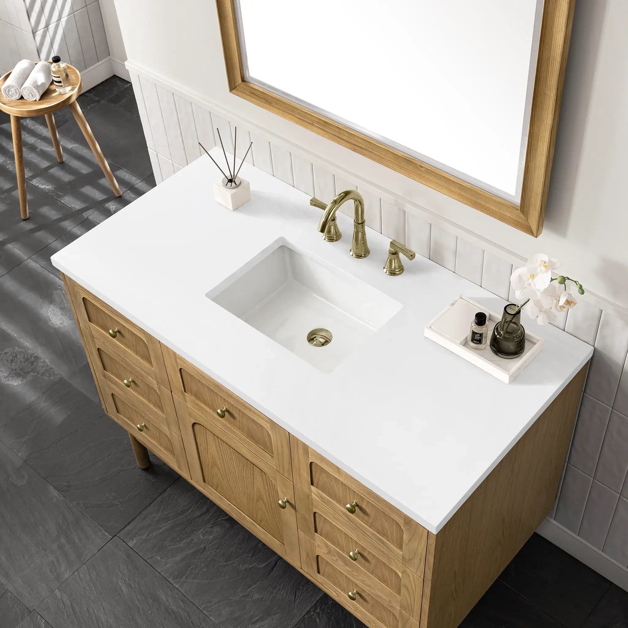 48" Laurent Single Vanity in Light Natural Oak-White Zeus Silestone-8" Widespread image 14