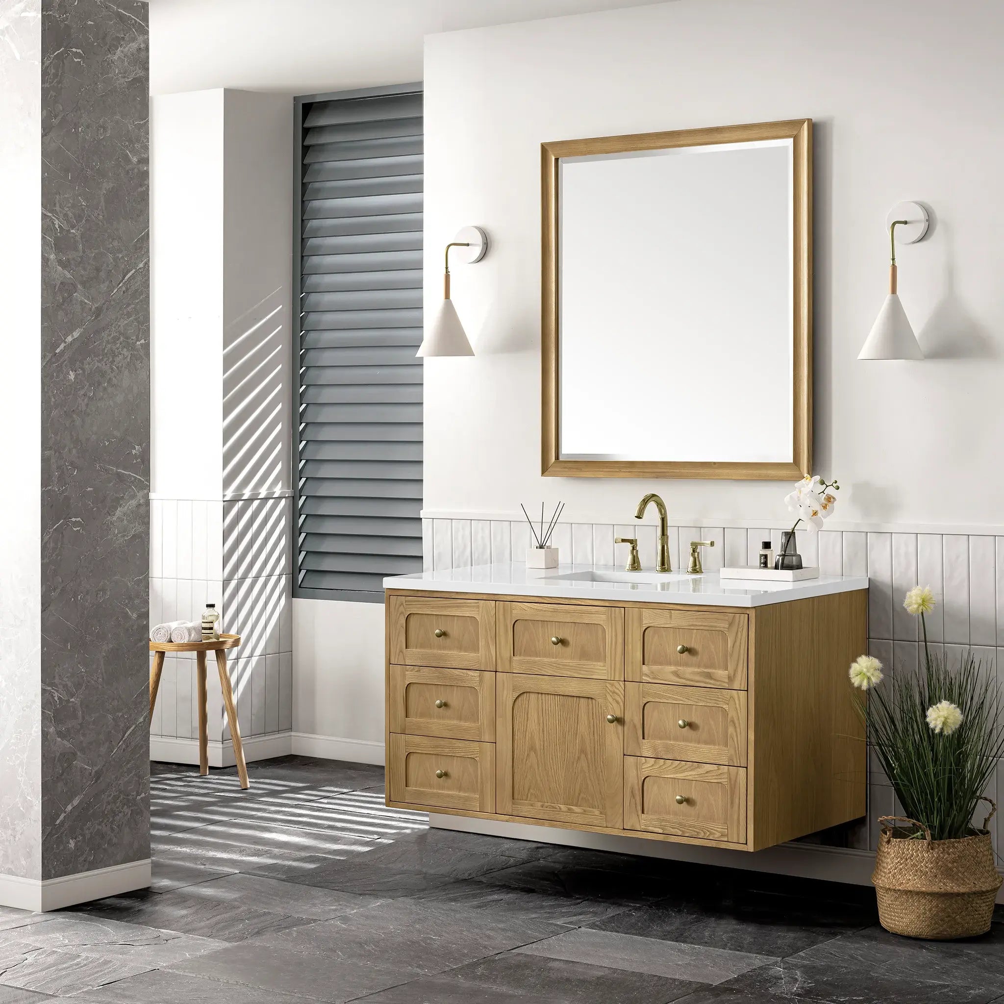 48" Laurent Single Vanity in Light Natural Oak-White Zeus Silestone-8" Widespread image 6