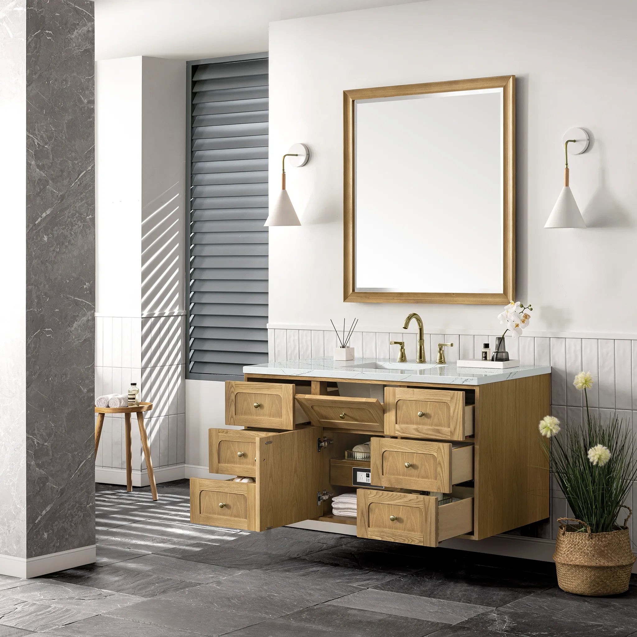 48" Laurent Single Vanity in Light Natural Oak Wireless Charger-Ethereal Noctis Silestone-8" Widespread image 10