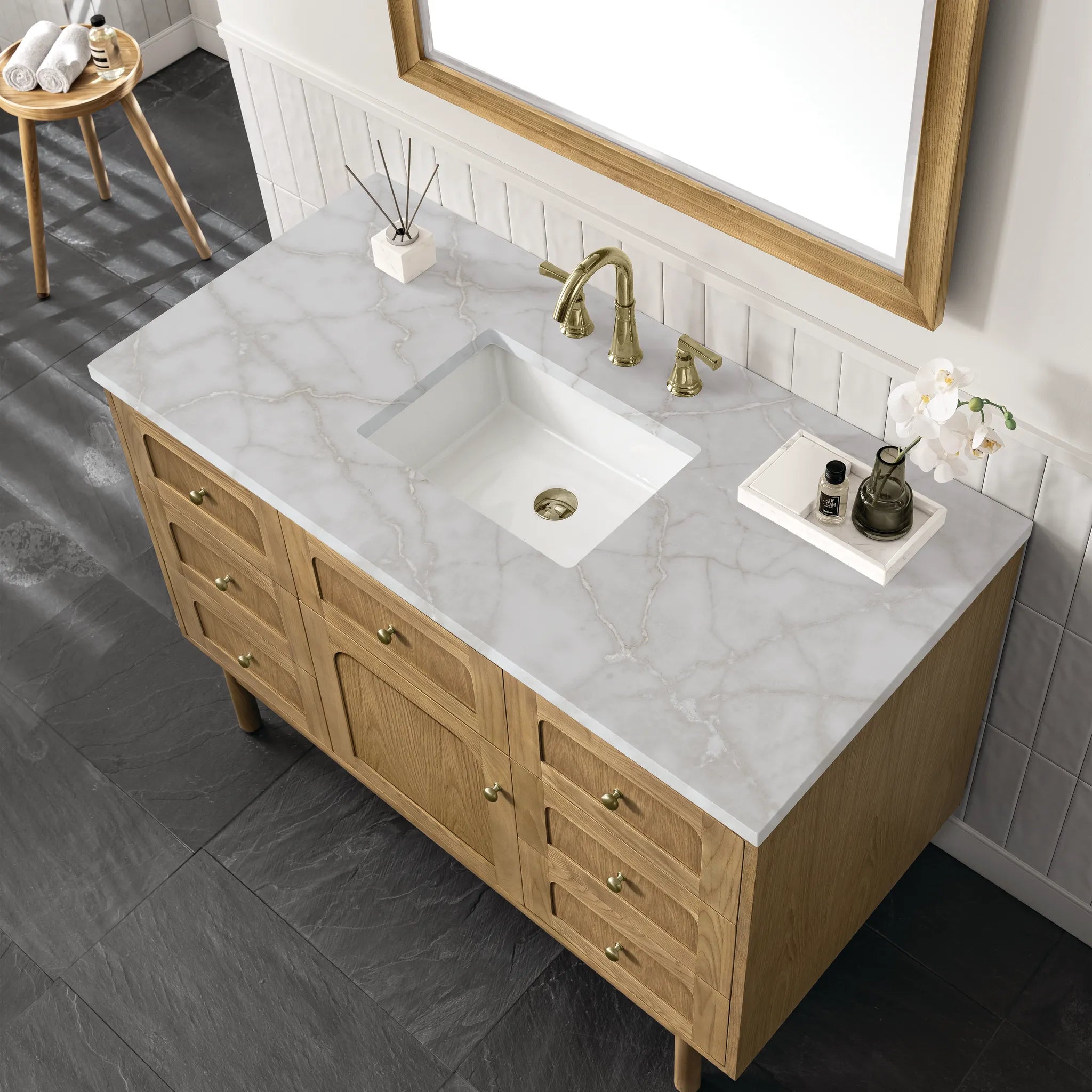 48" Laurent Single Vanity in Light Natural Oak Wireless Charger-Victorian Silver Silestone-8" Widespread image 12