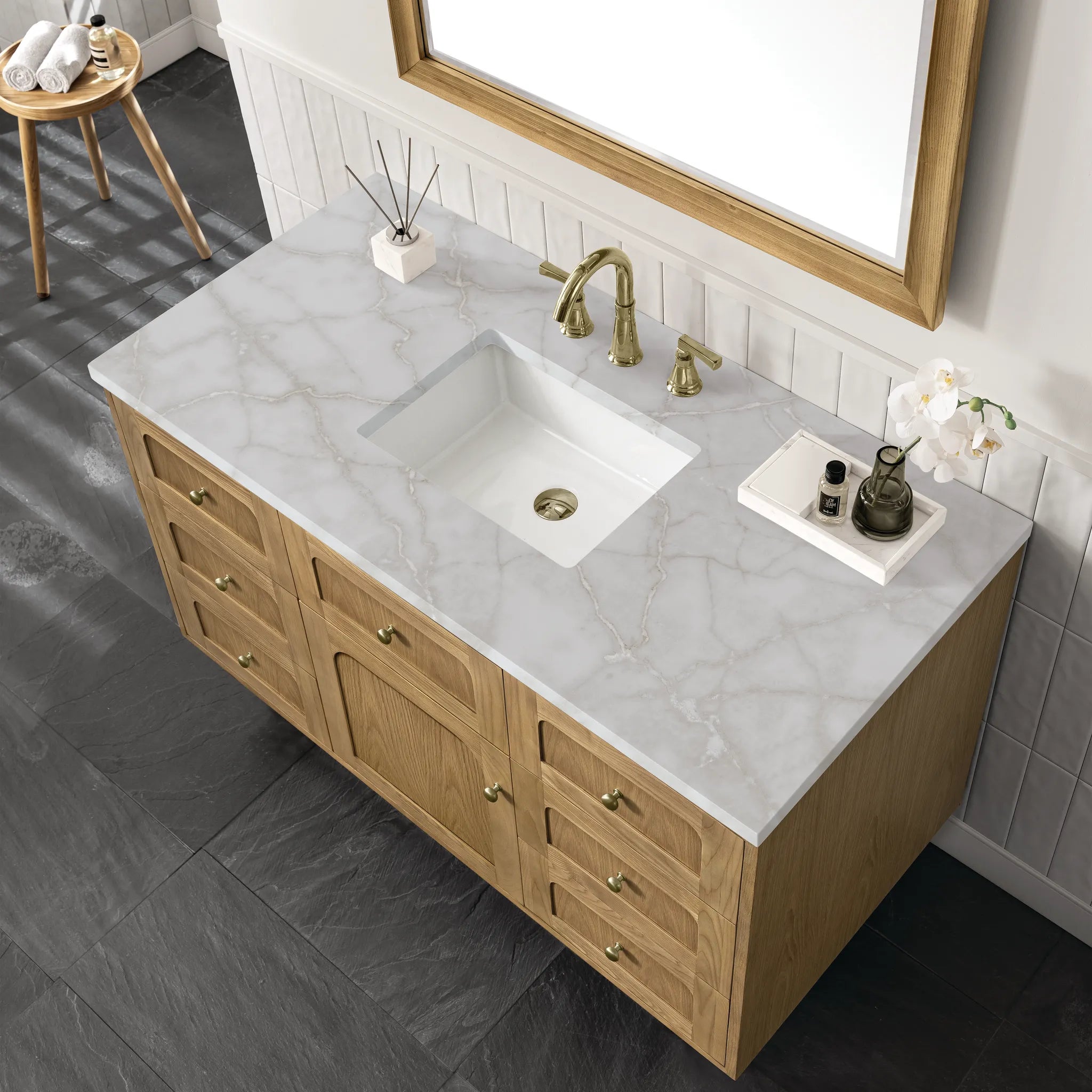 48" Laurent Single Vanity in Light Natural Oak Wireless Charger-Victorian Silver Silestone-8" Widespread image 13