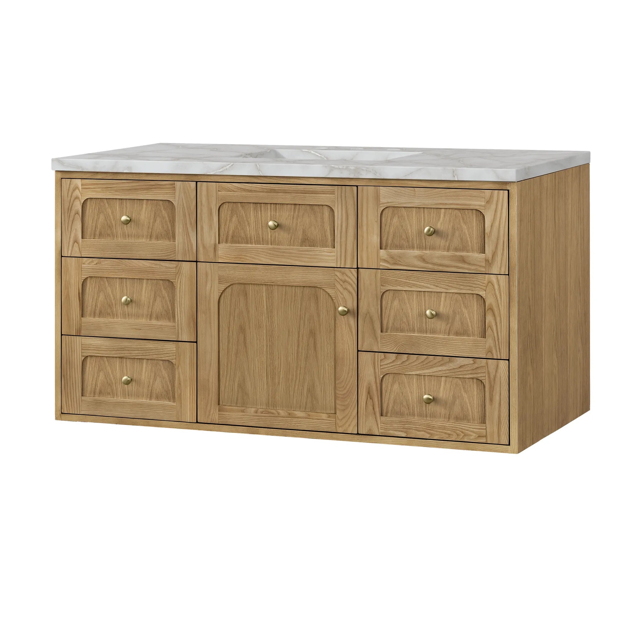 48" Laurent Single Vanity in Light Natural Oak Wireless Charger-Victorian Silver Silestone-8" Widespread image 15