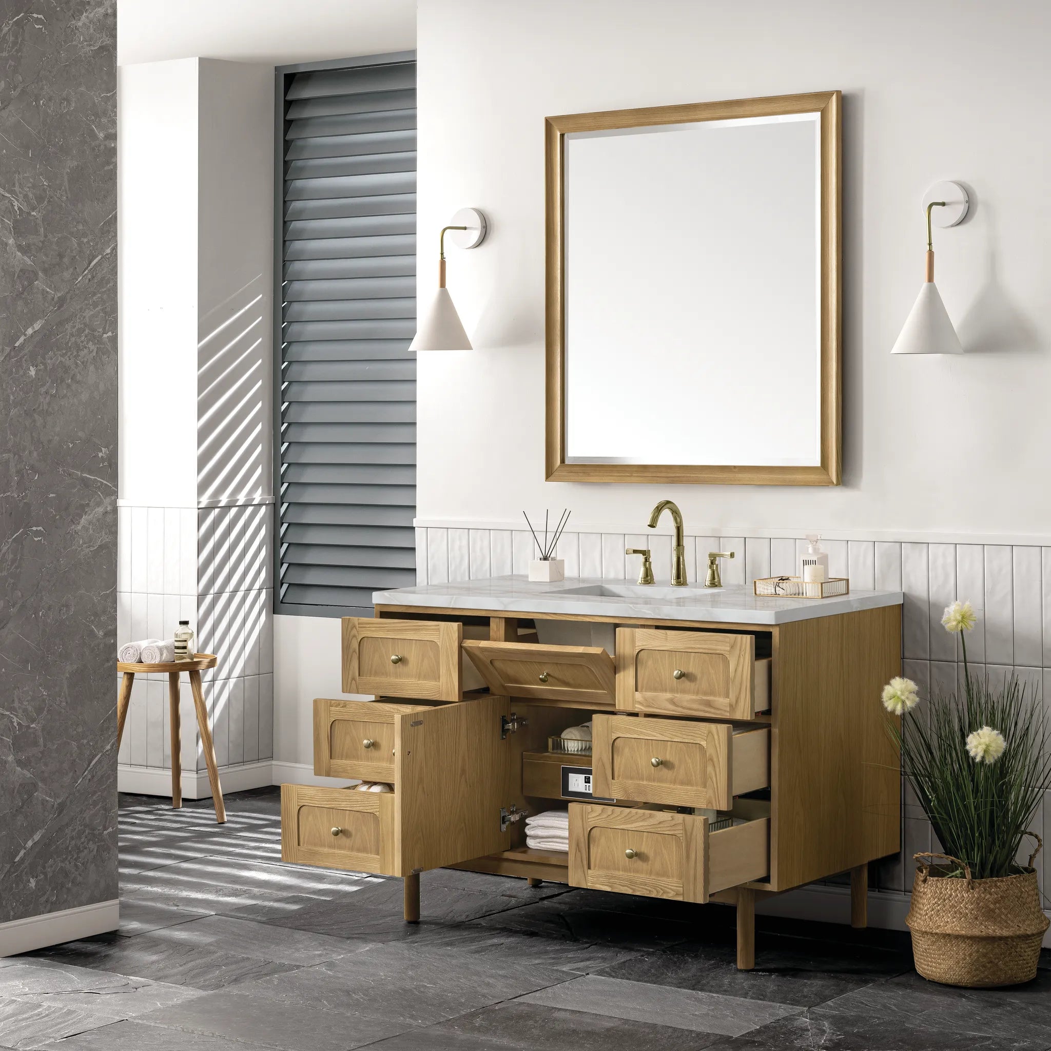 48" Laurent Single Vanity in Light Natural Oak Wireless Charger-Victorian Silver Silestone-8" Widespread image 9