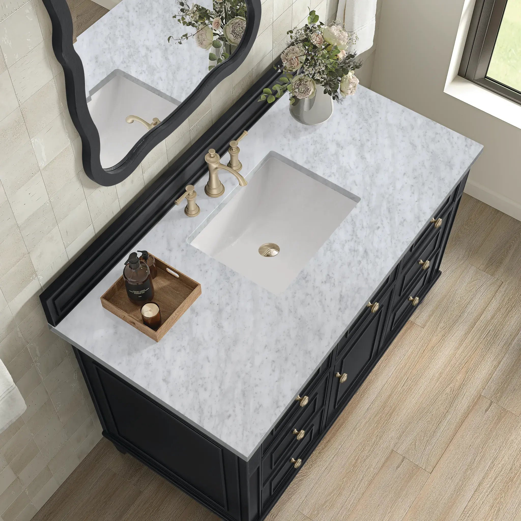 48" Lorelai Single Vanity in Black Onyx-Carrara White Marble-8" Widespread image 6