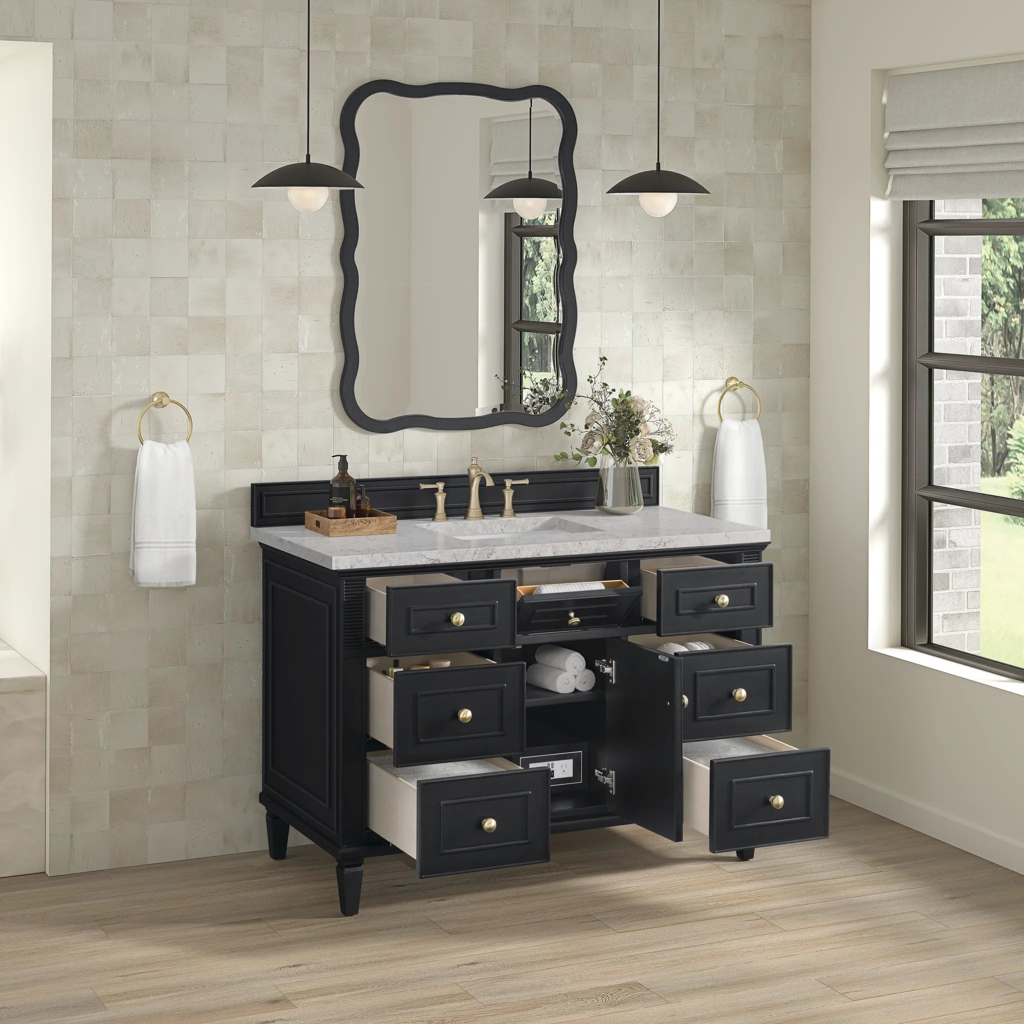 48" Lorelai Single Vanity in Black Onyx w/FreePower Wireless Charger-Eternal Jasmine Pearl Silestone-8" Widespread image 7
