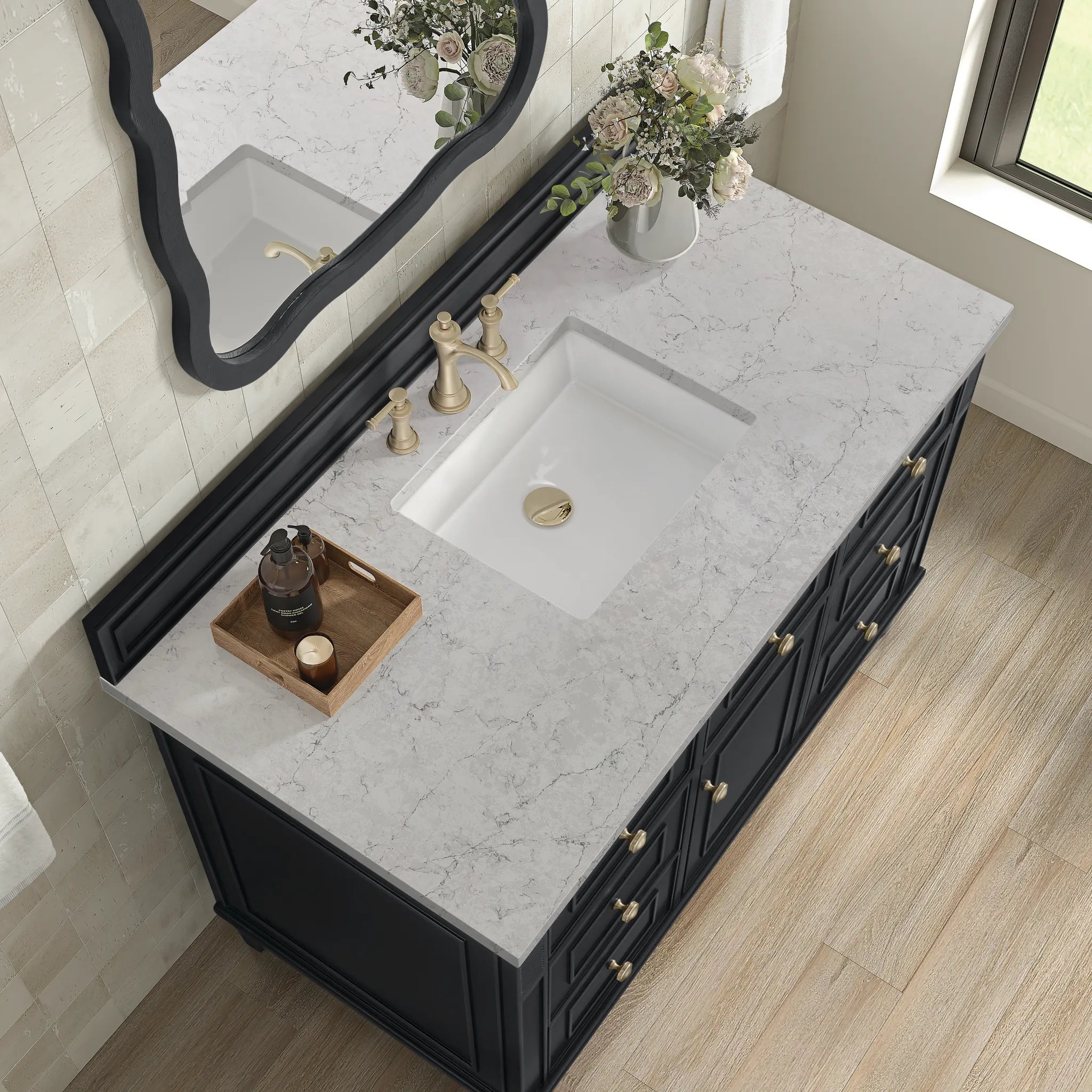 48" Lorelai Single Vanity in Black Onyx w/FreePower Wireless Charger-Eternal Jasmine Pearl Silestone-8" Widespread image 9