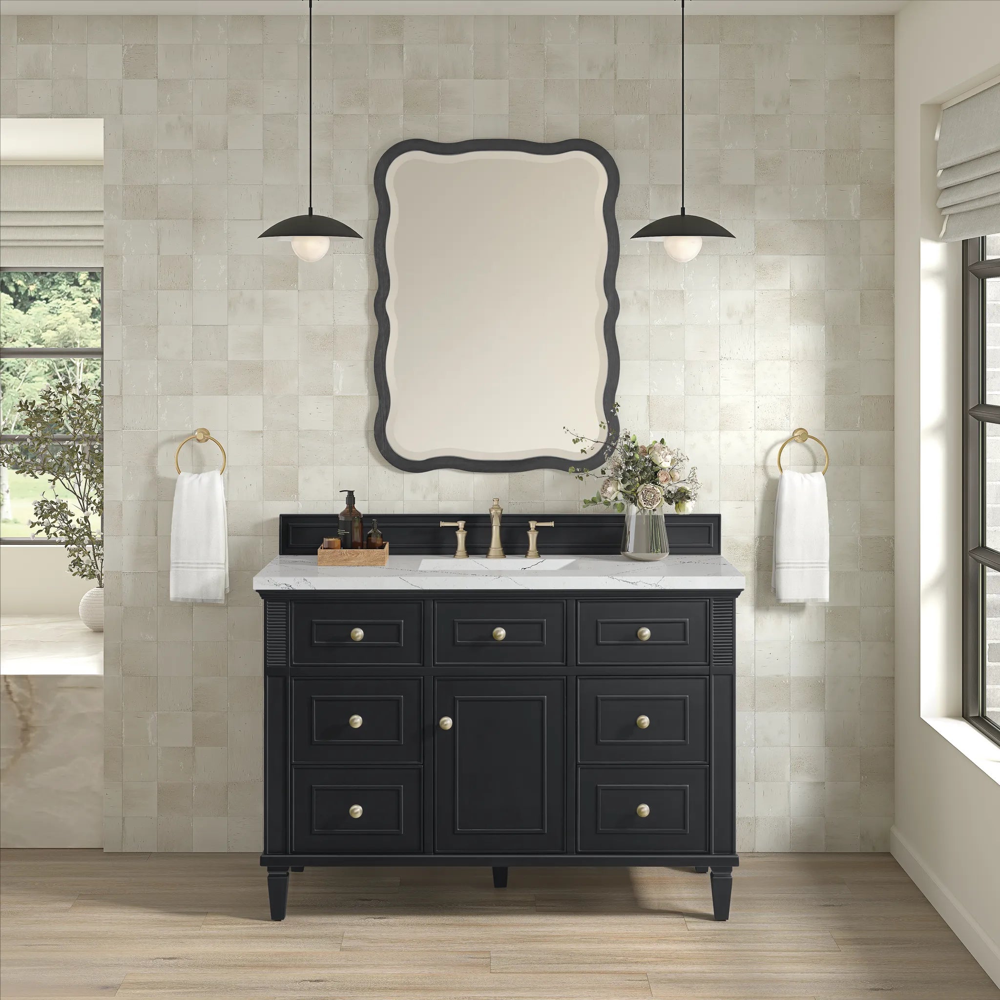 48" Lorelai Single Vanity in Black Onyx w/FreePower Wireless Charger-Ethereal Noctis Silestone-8" Widespread image 5