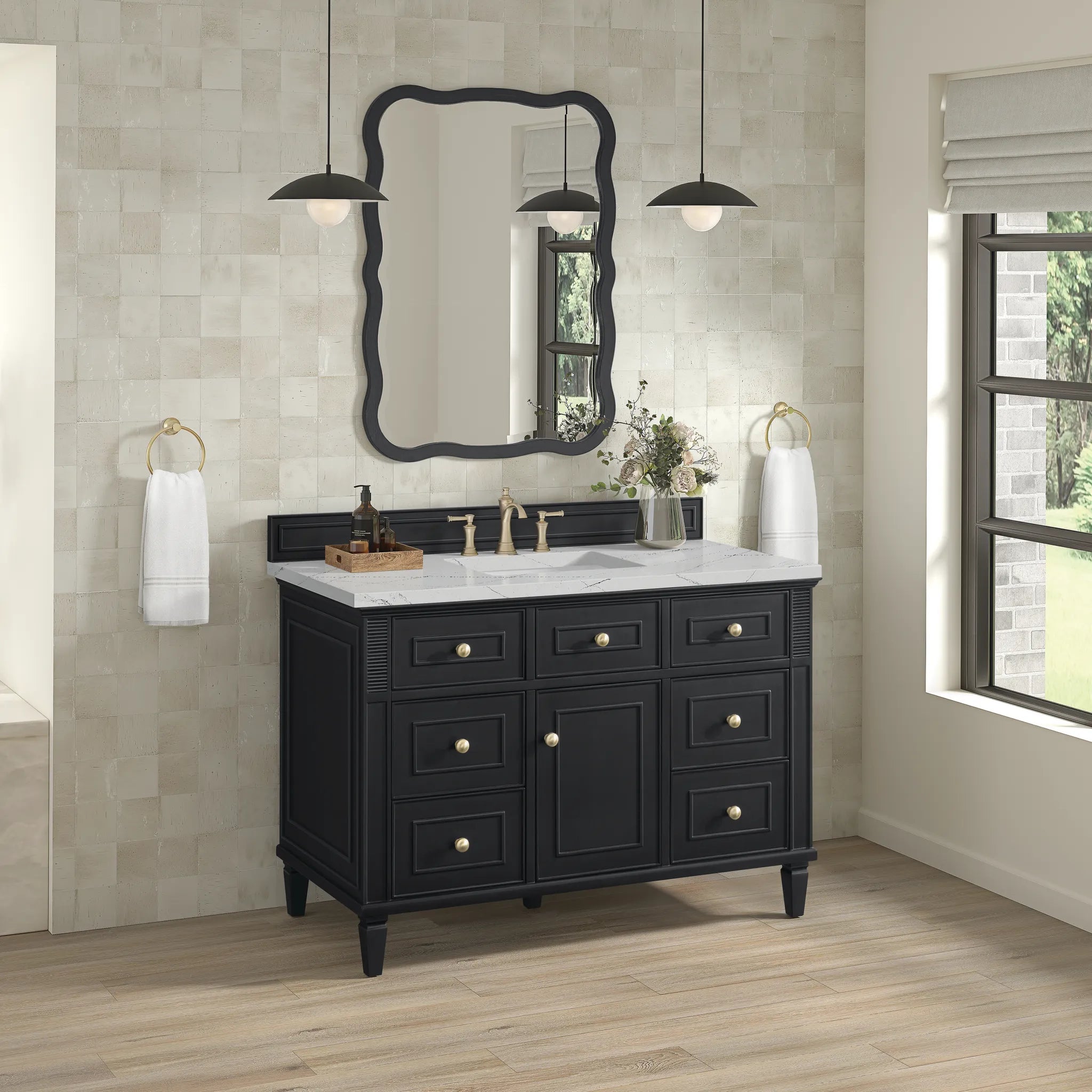 48" Lorelai Single Vanity in Black Onyx w/FreePower Wireless Charger-Ethereal Noctis Silestone-8" Widespread image 6