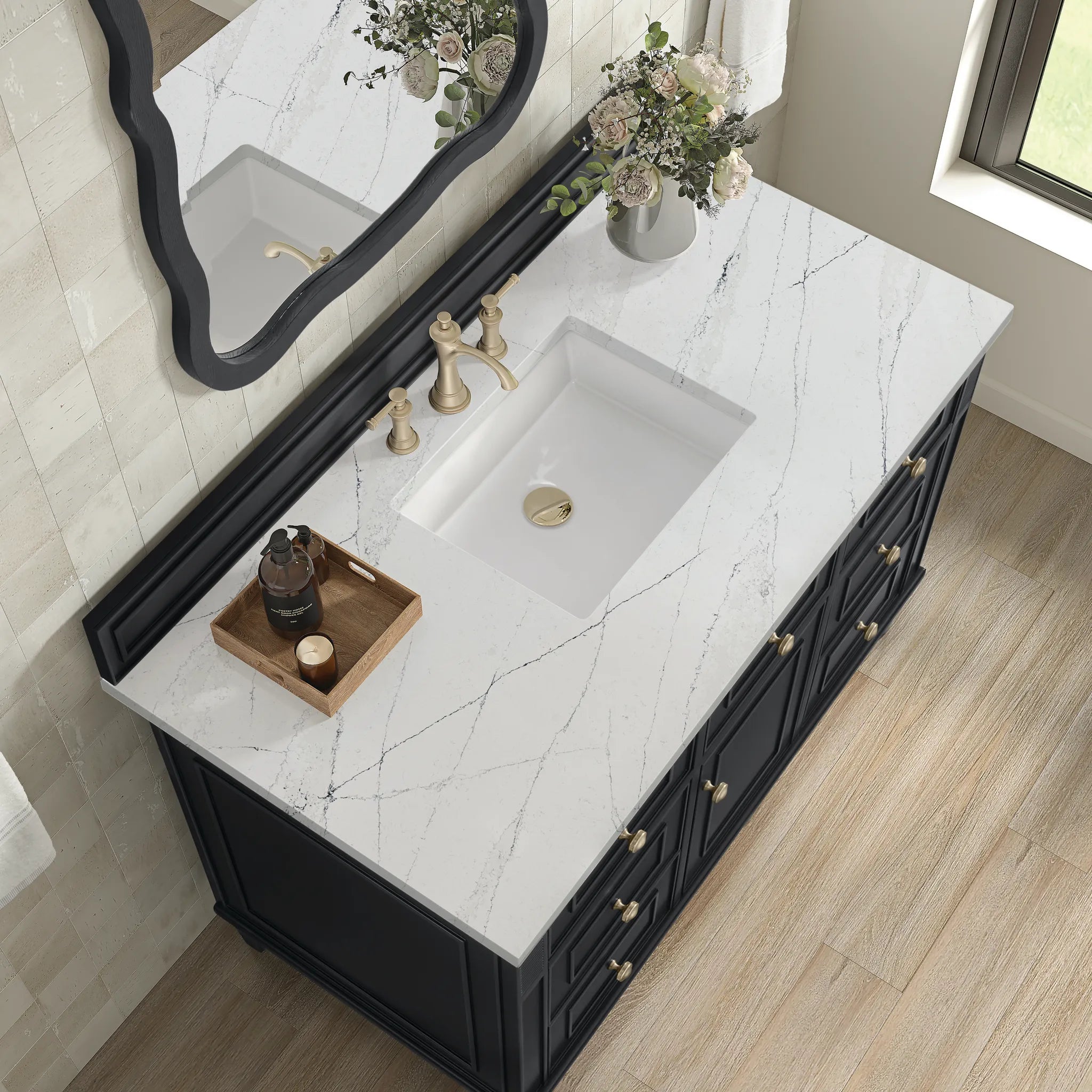 48" Lorelai Single Vanity in Black Onyx w/FreePower Wireless Charger-Ethereal Noctis Silestone-8" Widespread image 9