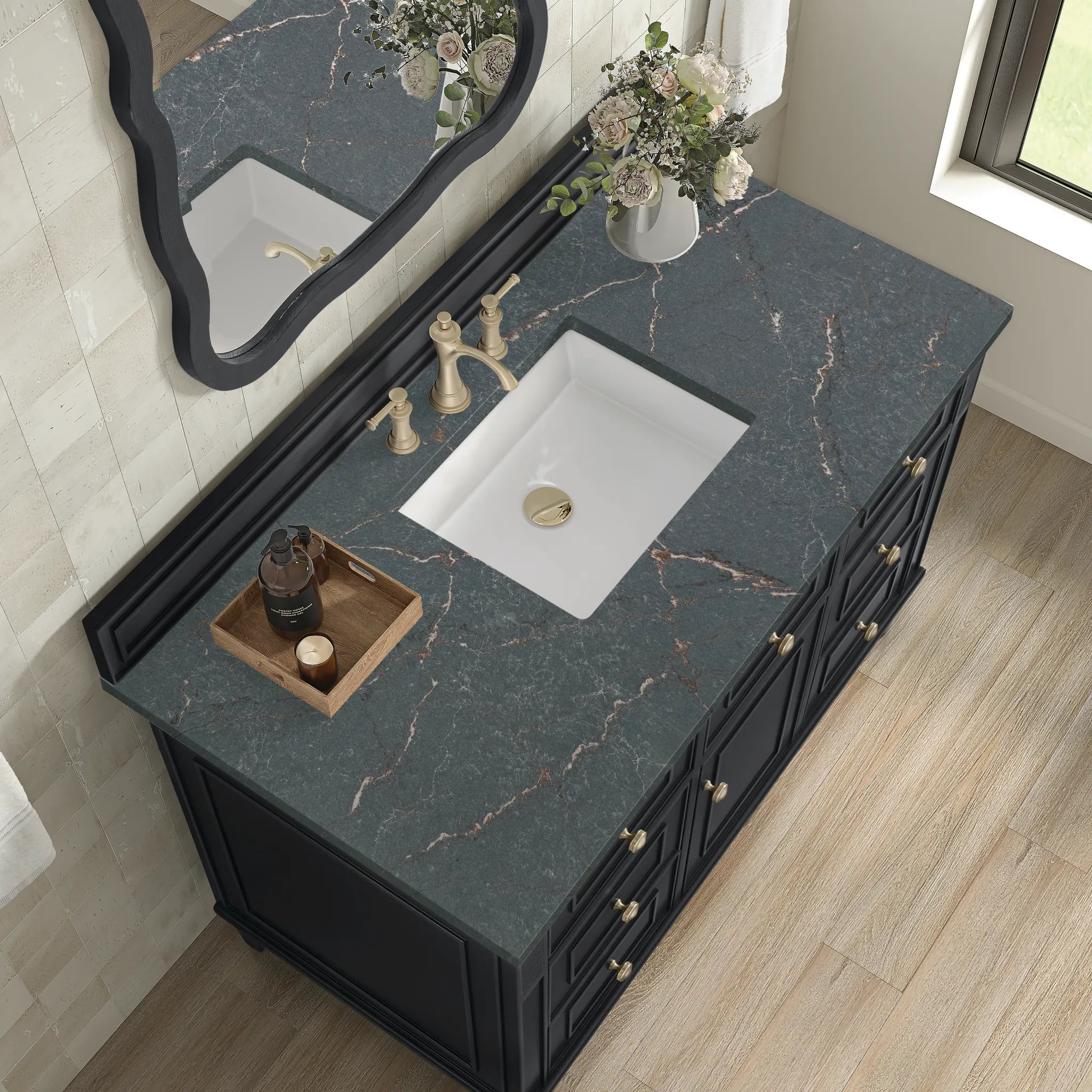 48" Lorelai Single Vanity in Black Onyx w/FreePower Wireless Charger-Parisien Bleu Silestone-8" Widespread image 9