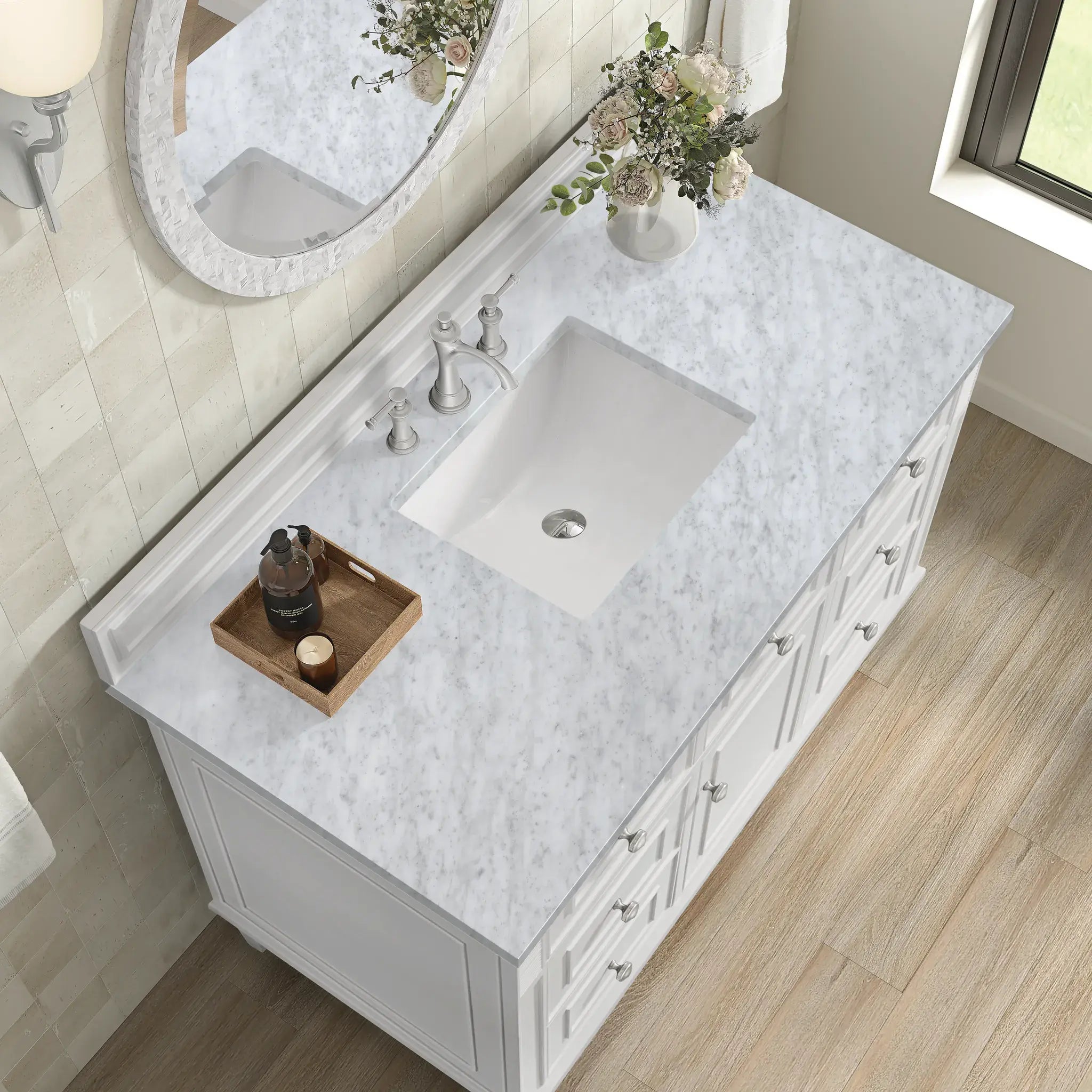 48" Lorelai Single Vanity in Bright White-Carrara White Marble-8" Widespread image 7