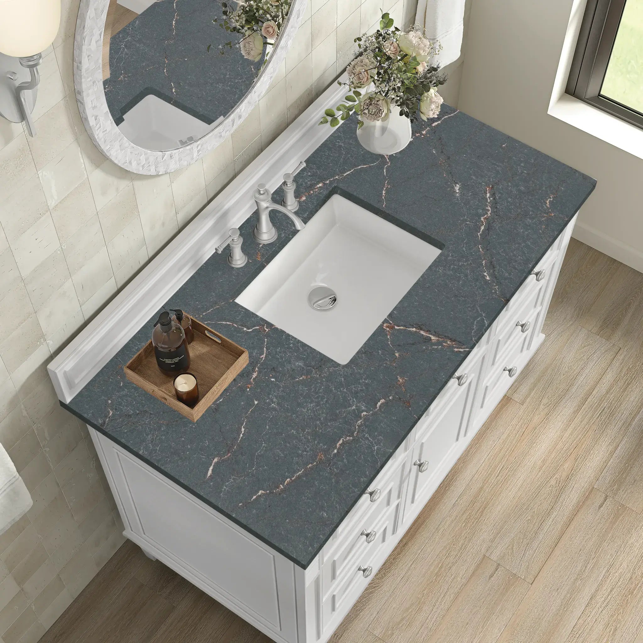 48" Lorelai Single Vanity in Bright White-Parisien Bleu Silestone-8" Widespread image 7