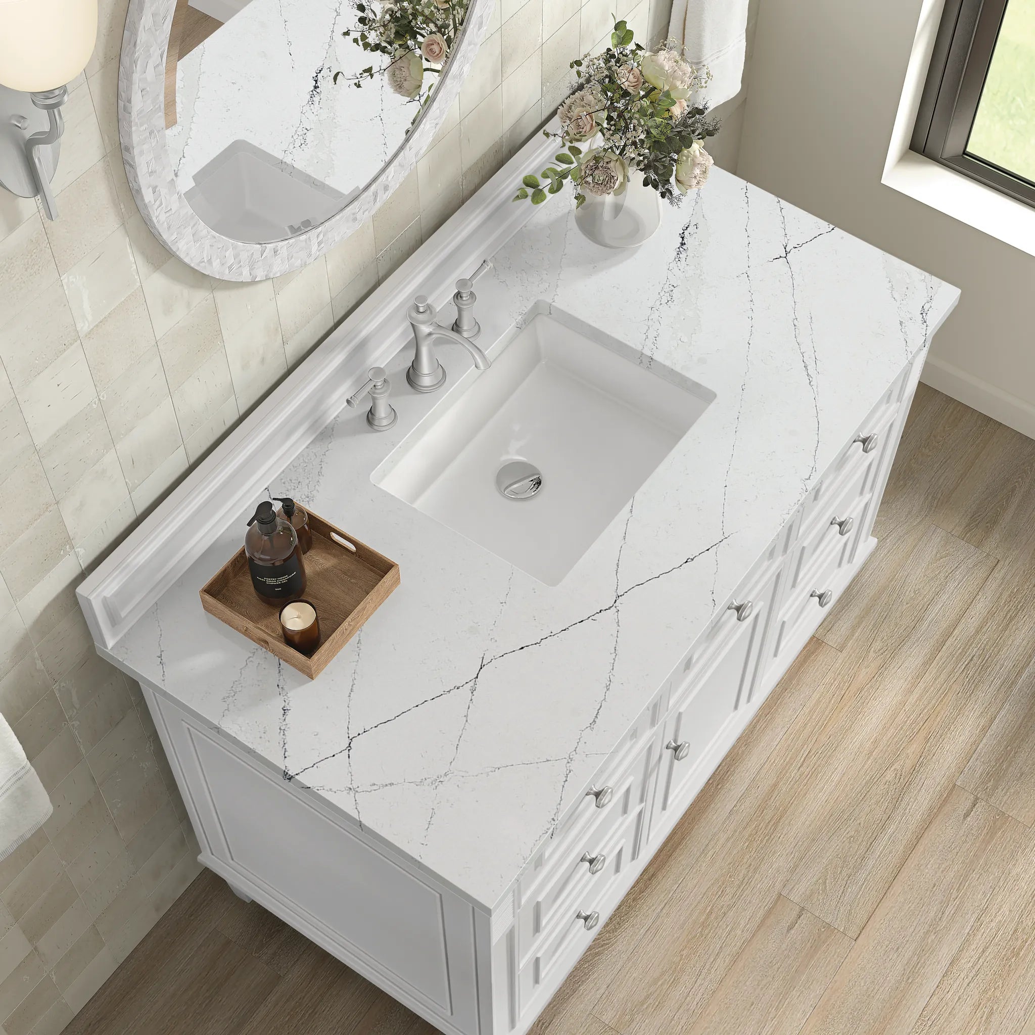 48" Lorelai Single Vanity in Bright White w/FreePower Wireless Charger-Ethereal Noctis Silestone-8" Widespread image 10