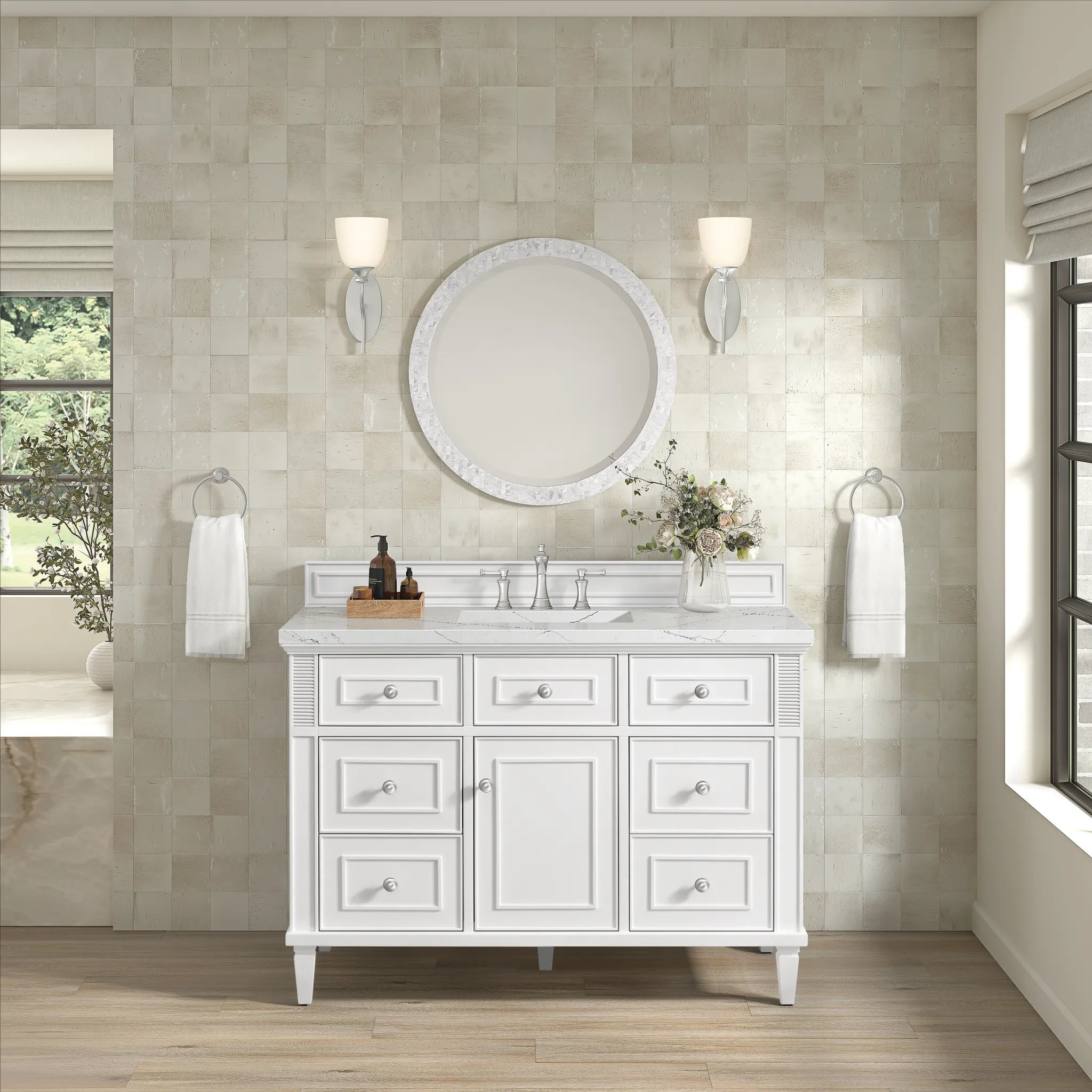 48" Lorelai Single Vanity in Bright White w/FreePower Wireless Charger-Ethereal Noctis Silestone-8" Widespread image 6