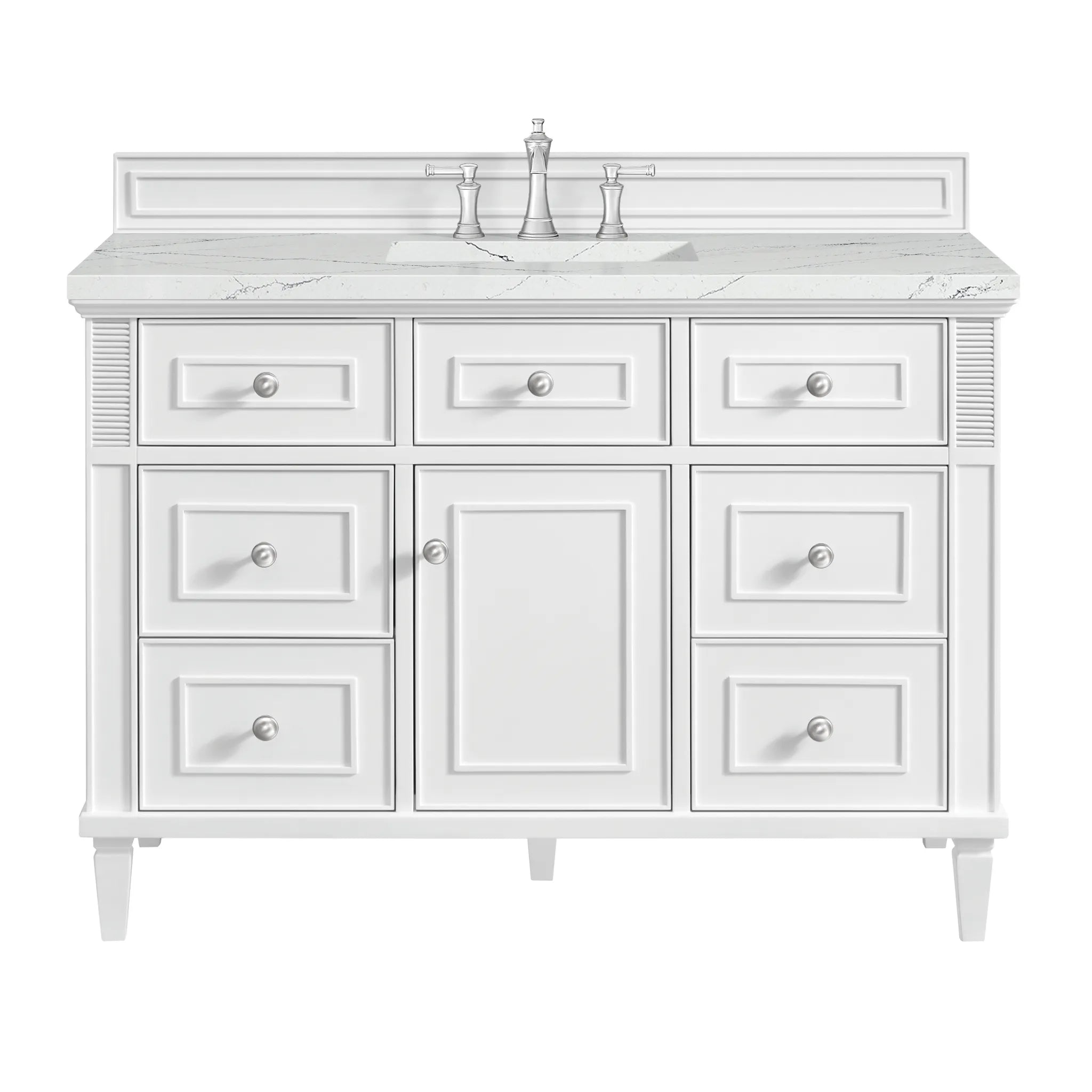 48" Lorelai Single Vanity in Bright White w/FreePower Wireless Charger-Ethereal Noctis Silestone-8" Widespread image