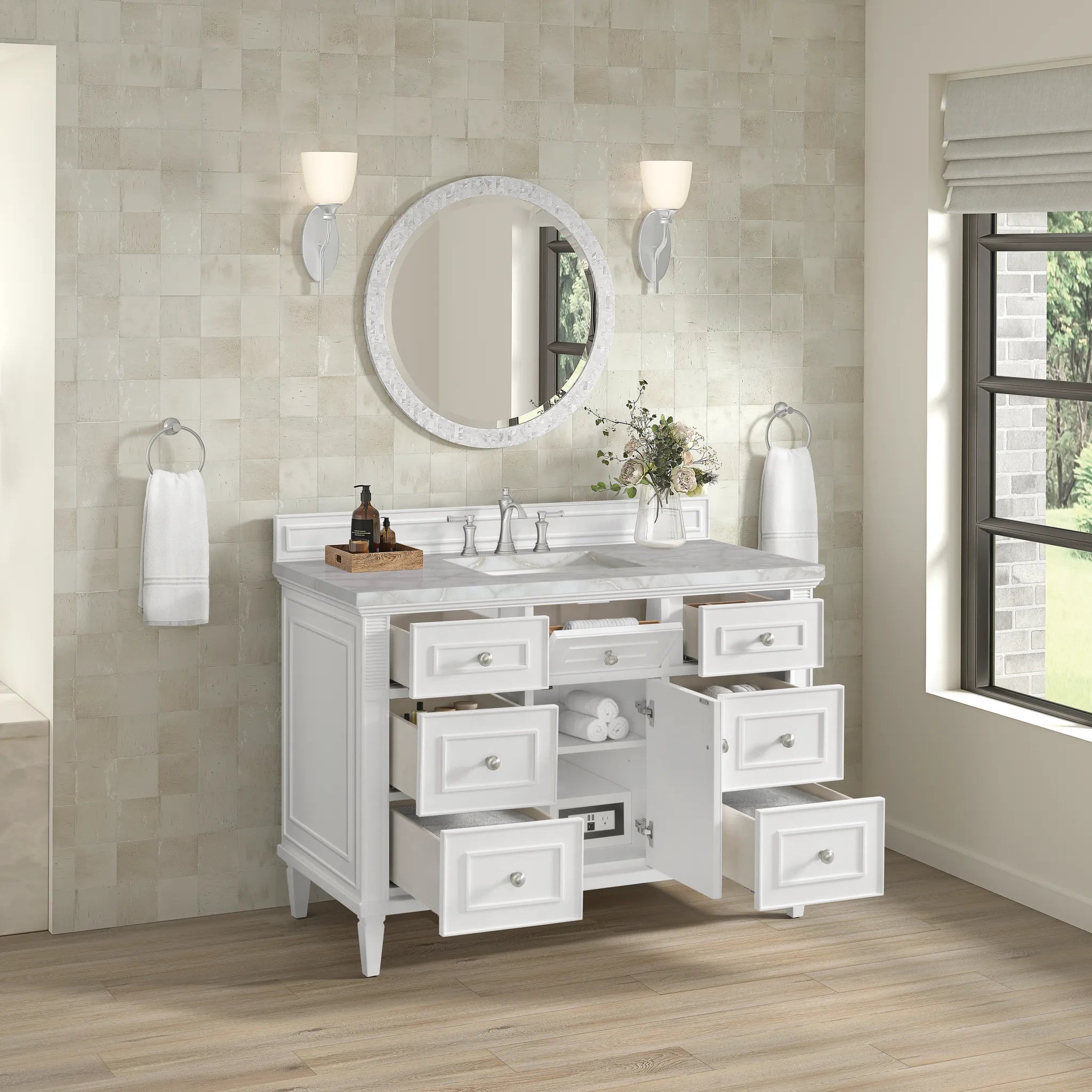 48" Lorelai Single Vanity in Bright White w/FreePower Wireless Charger-Victorian Silver Silestone-8" Widespread image 8