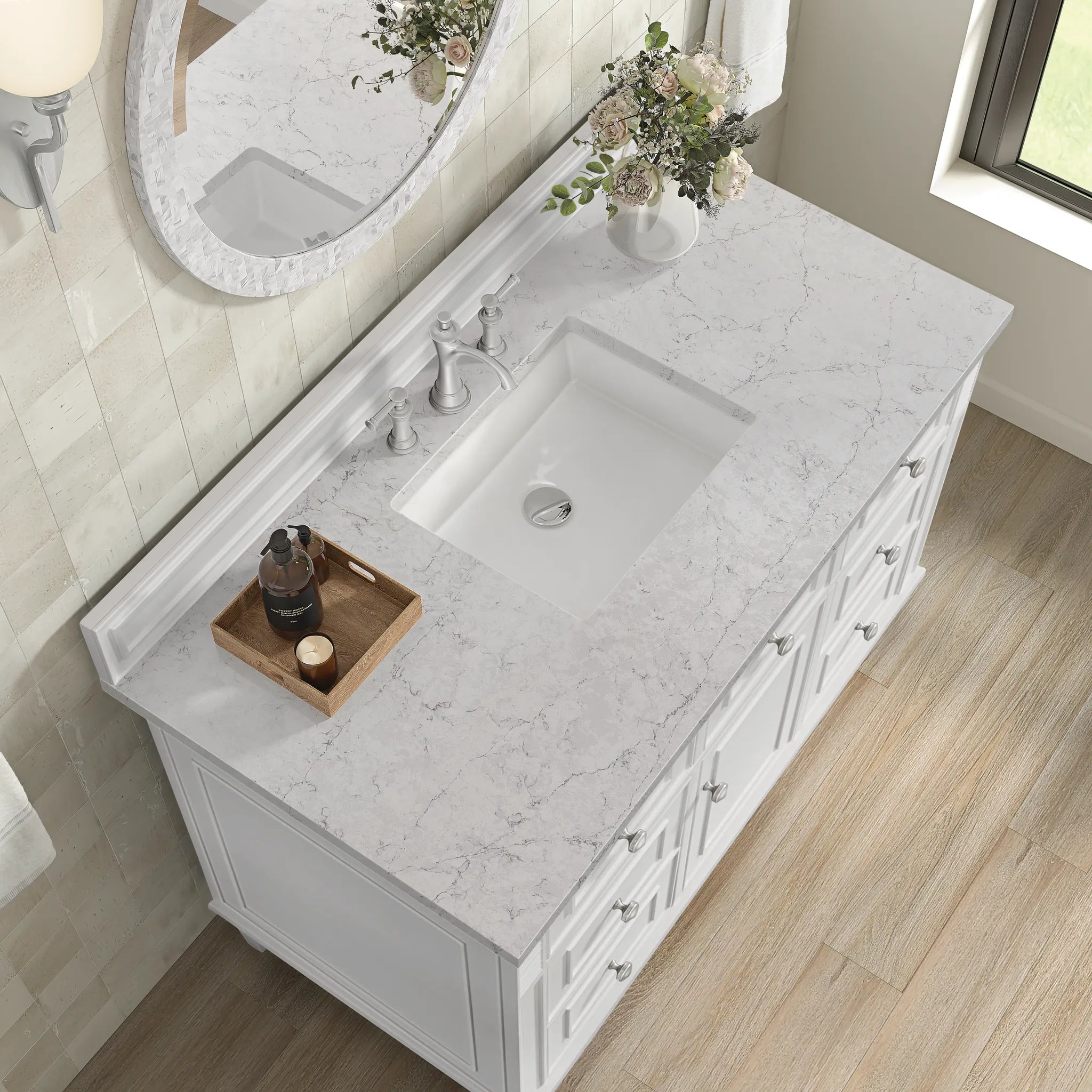 48" Lorelai Single Vanity in Bright White Wireless Charger-Eternal Jasmine Pearl Silestone-8" Widespread image 10