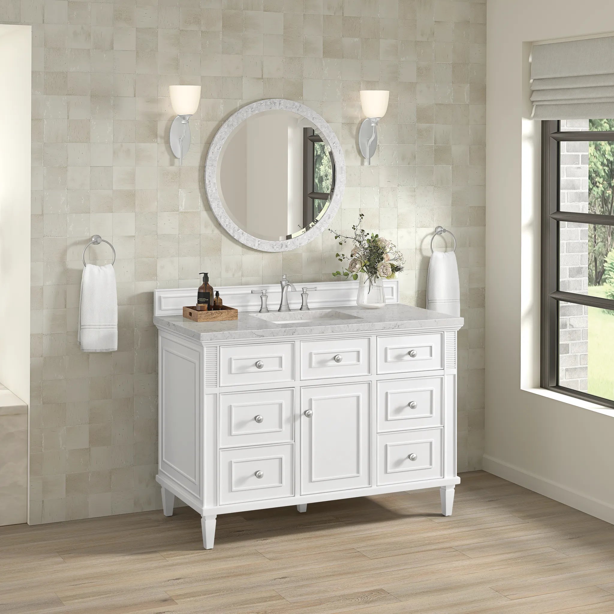 48" Lorelai Single Vanity in Bright White Wireless Charger-Eternal Jasmine Pearl Silestone-8" Widespread image 7