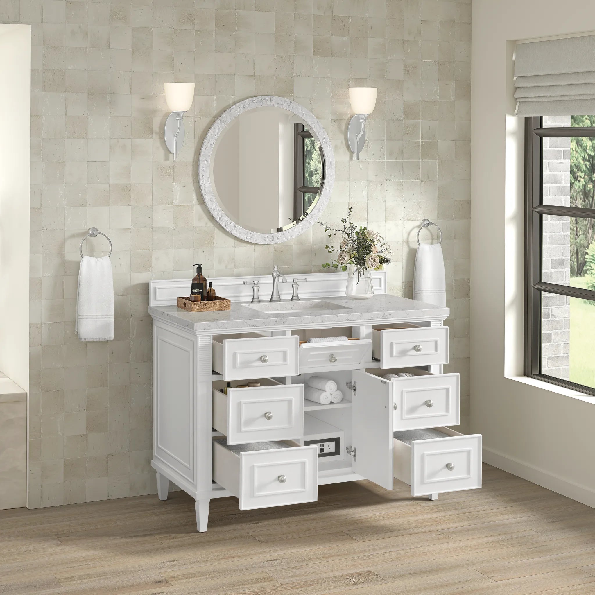 48" Lorelai Single Vanity in Bright White Wireless Charger-Eternal Jasmine Pearl Silestone-8" Widespread image 8