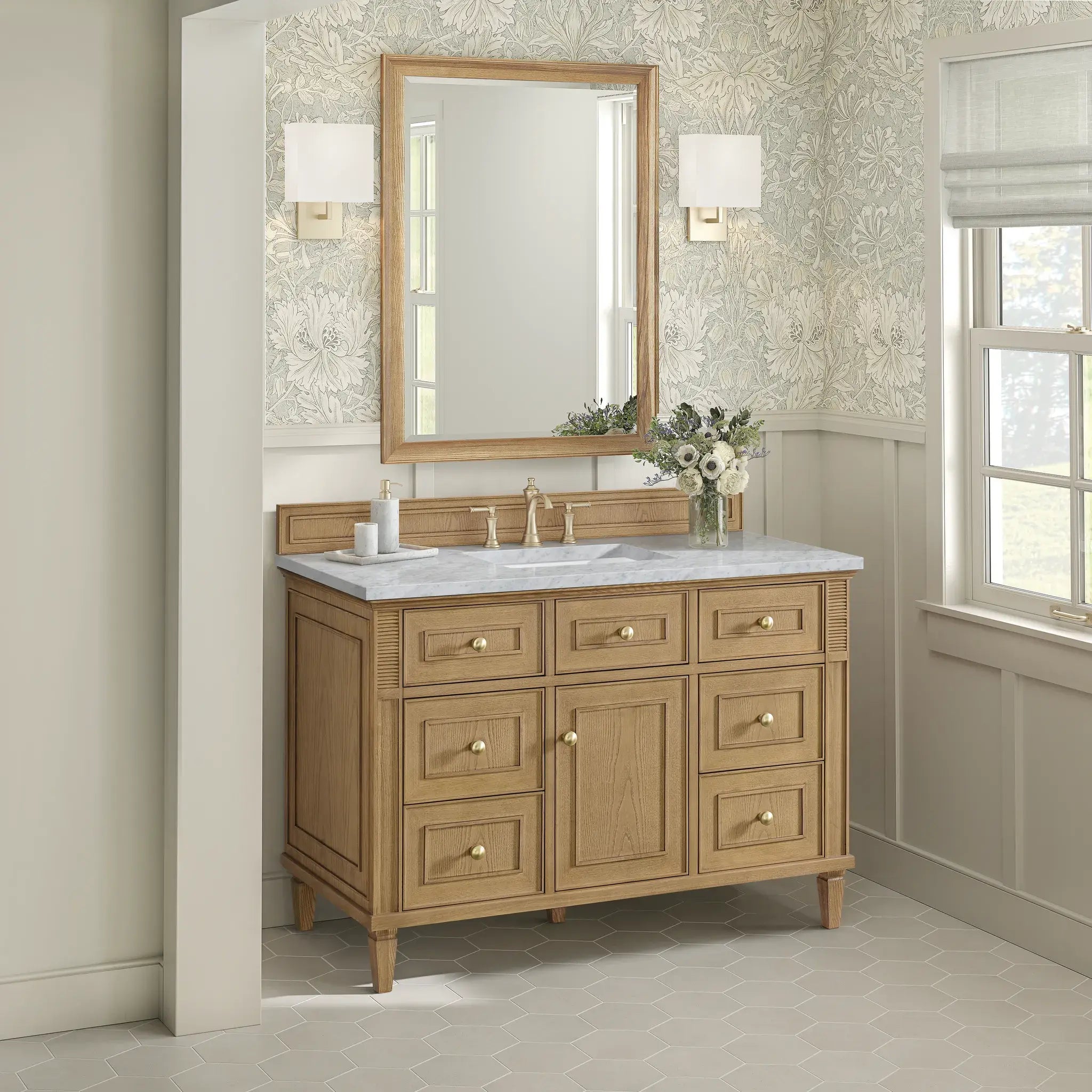 48" Lorelai Single Vanity in Light Natural Oak-Carrara White Marble-8" Widespread image 3