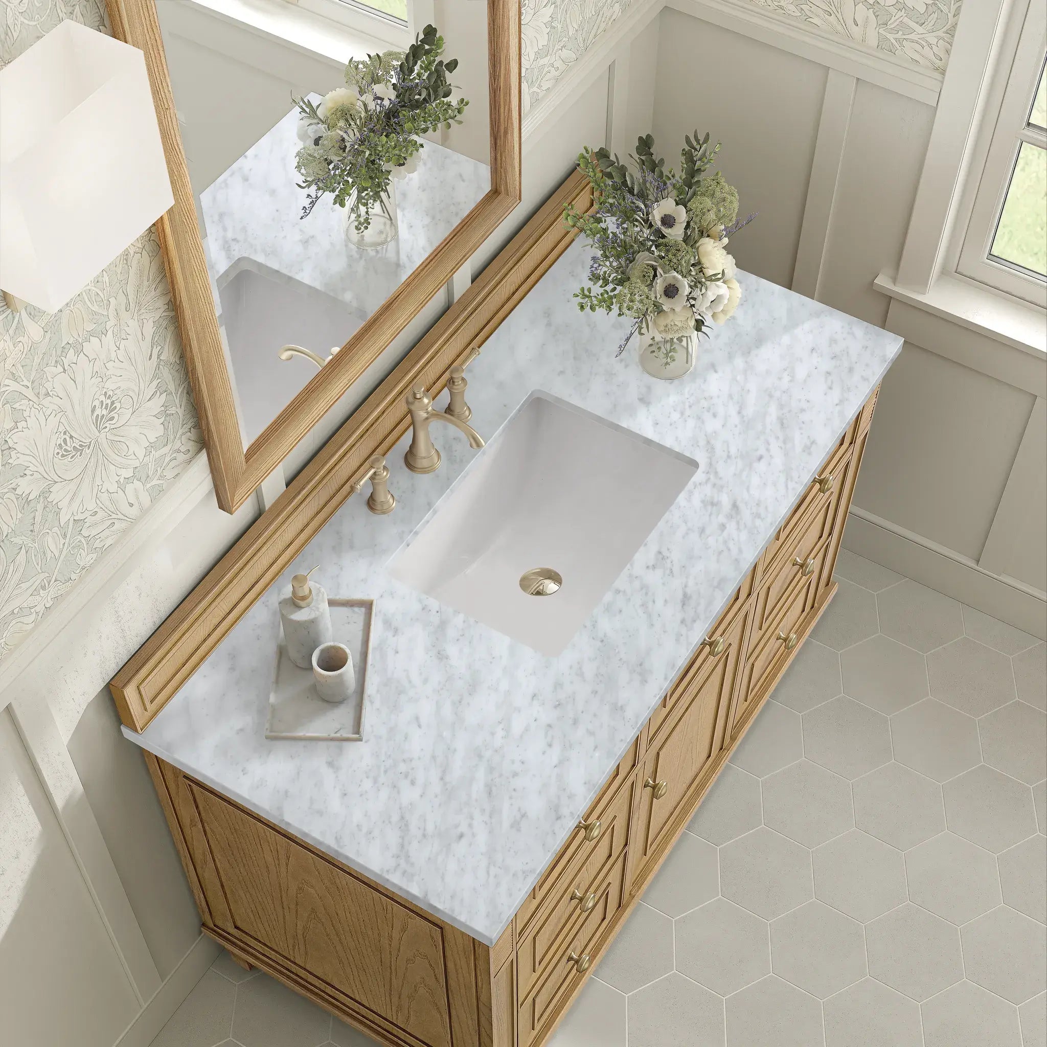 48" Lorelai Single Vanity in Light Natural Oak-Carrara White Marble-8" Widespread image 6
