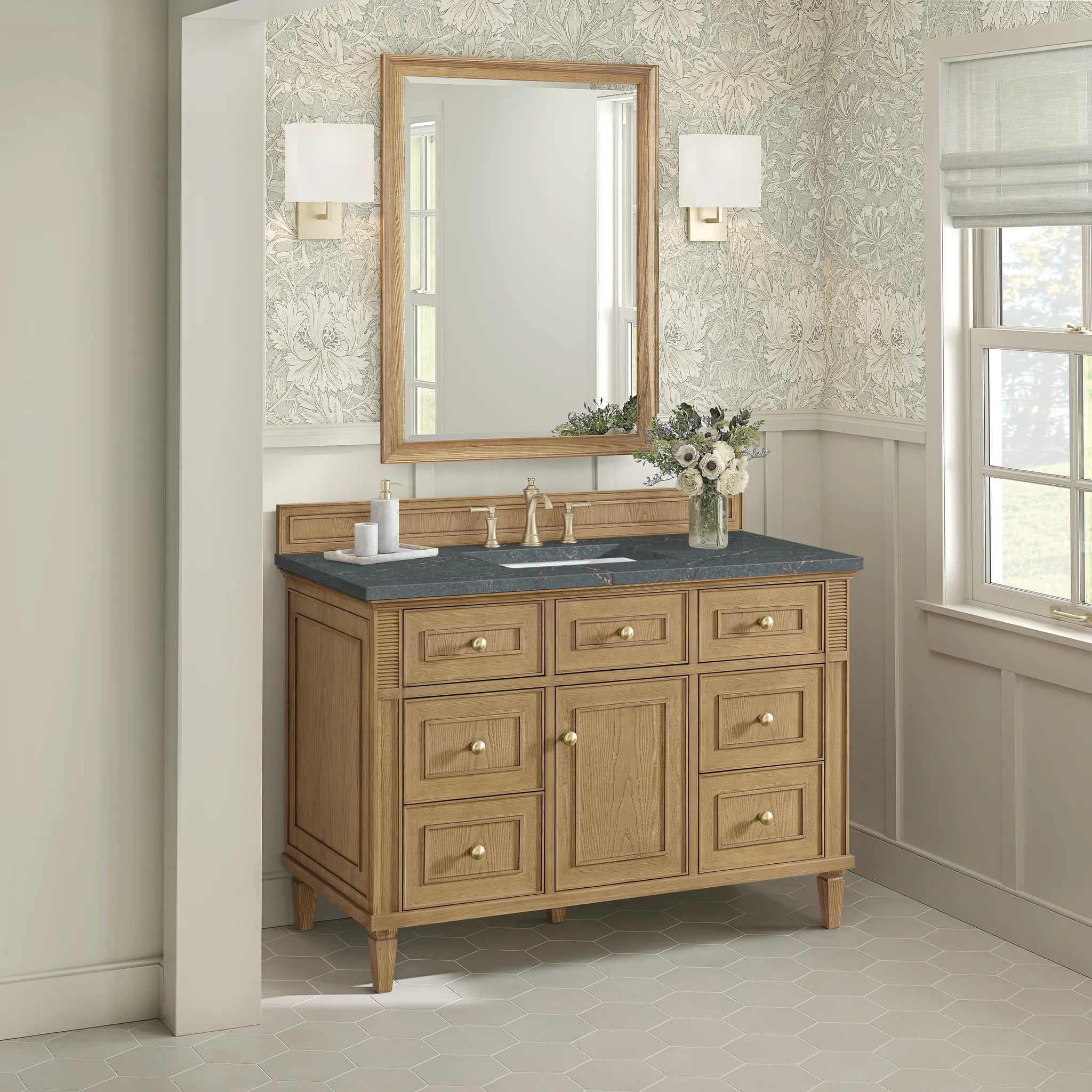 48" Lorelai Single Vanity in Light Natural Oak w/FreePower Wireless Charger-Parisien Bleu Silestone-8" Widespread image 6