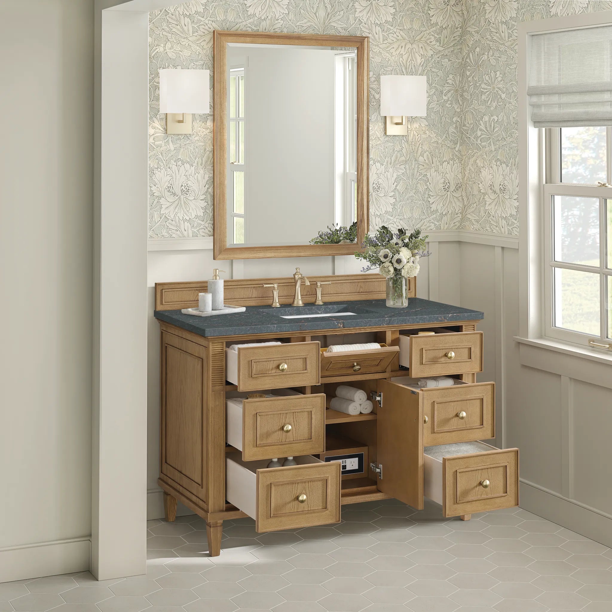 48" Lorelai Single Vanity in Light Natural Oak w/FreePower Wireless Charger-Parisien Bleu Silestone-8" Widespread image 7