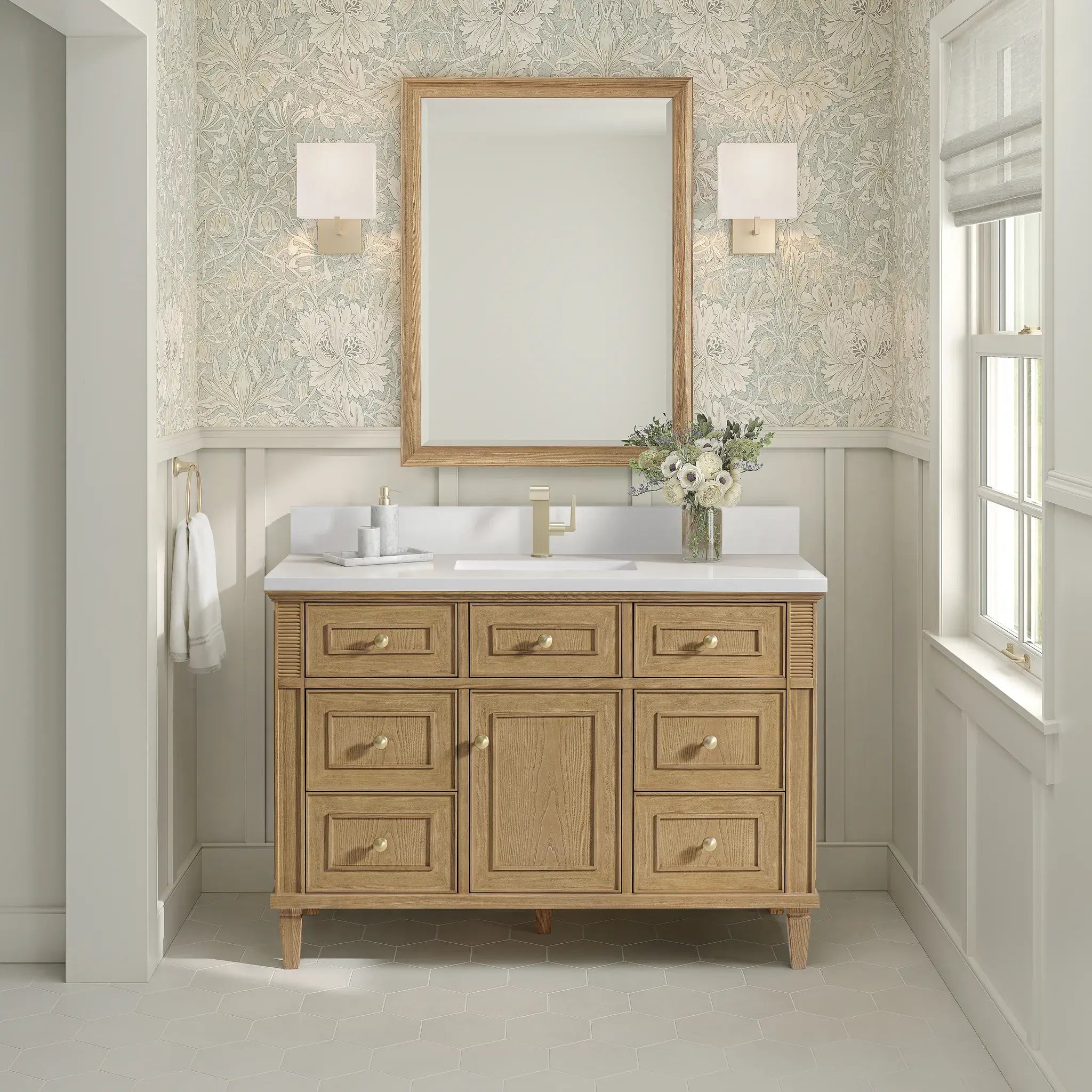 48" Lorelai Single Vanity in Light Natural Oak-White Zeus Silestone & Backsplash-Single Hole image 1
