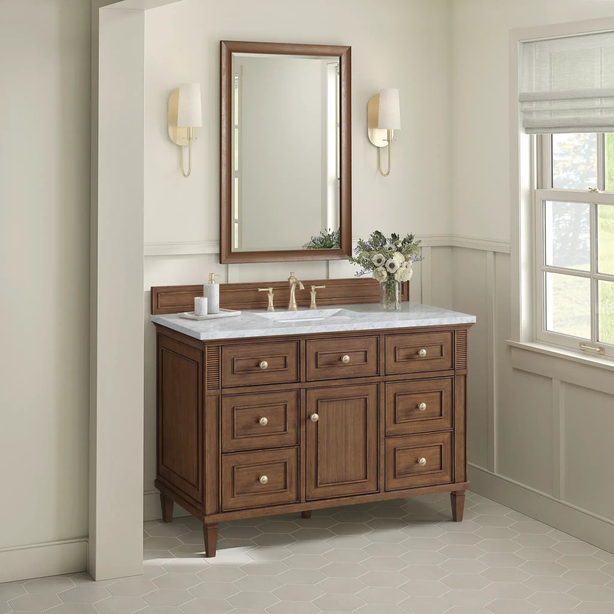 48" Lorelai Single Vanity in Mid-Century Walnut-Carrara White Marble-8" Widespread image 4