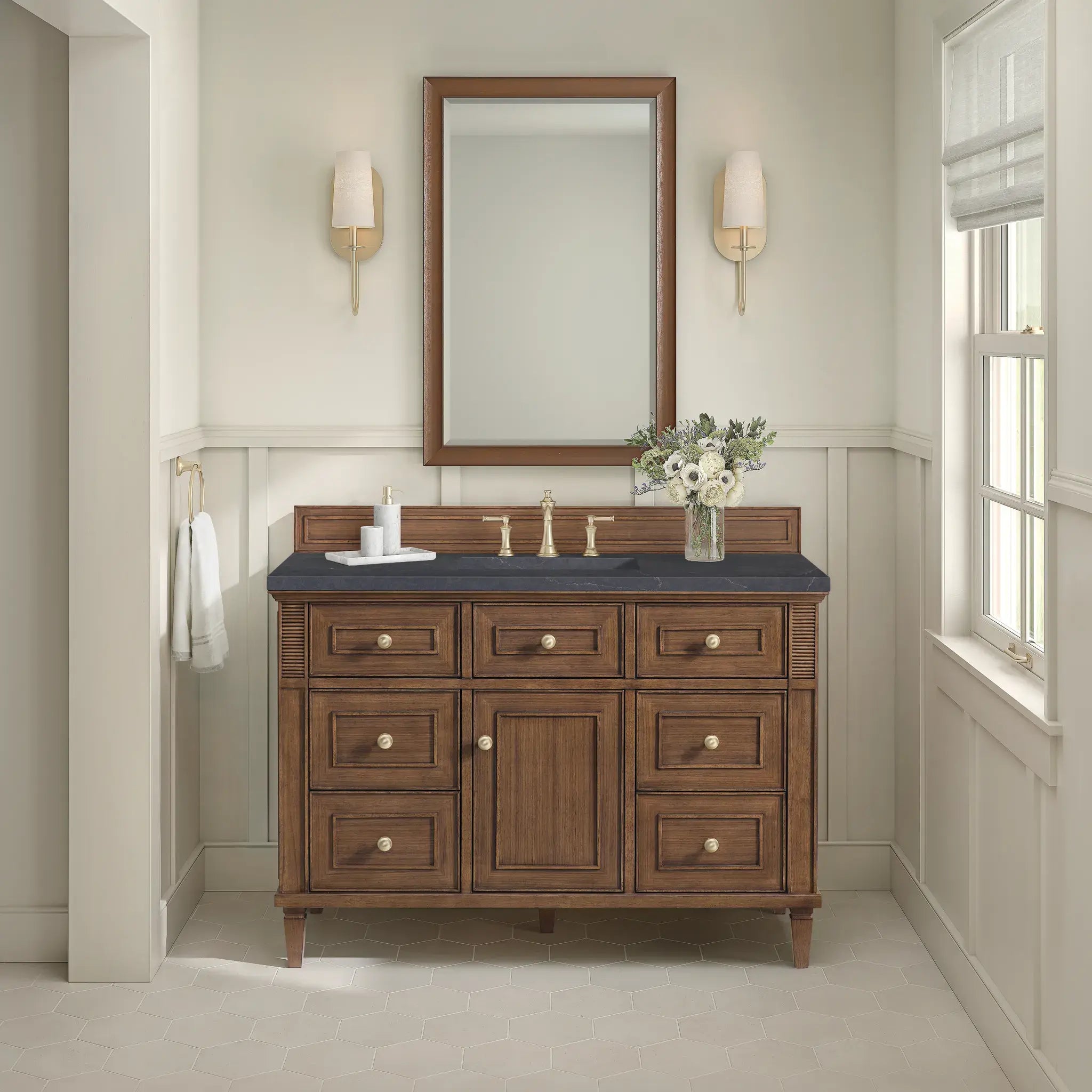48" Lorelai Single Vanity in Mid-Century Walnut-Charcoal Soapstone Silestone-8" Widespread image 3