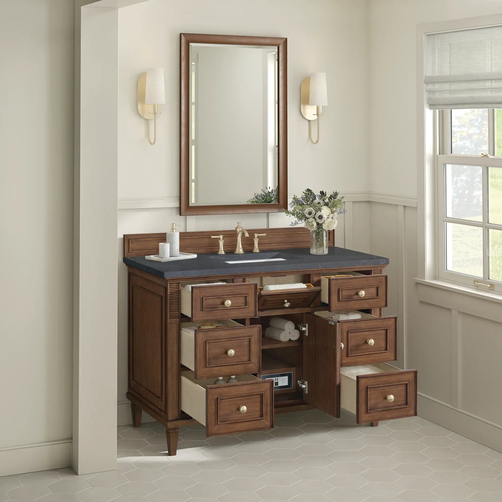 48" Lorelai Single Vanity in Mid-Century Walnut-Charcoal Soapstone Silestone-8" Widespread image 5