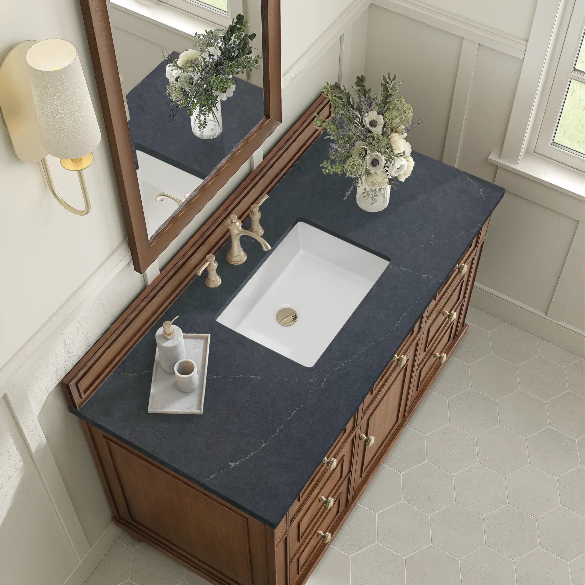 48" Lorelai Single Vanity in Mid-Century Walnut-Charcoal Soapstone Silestone-8" Widespread image 7