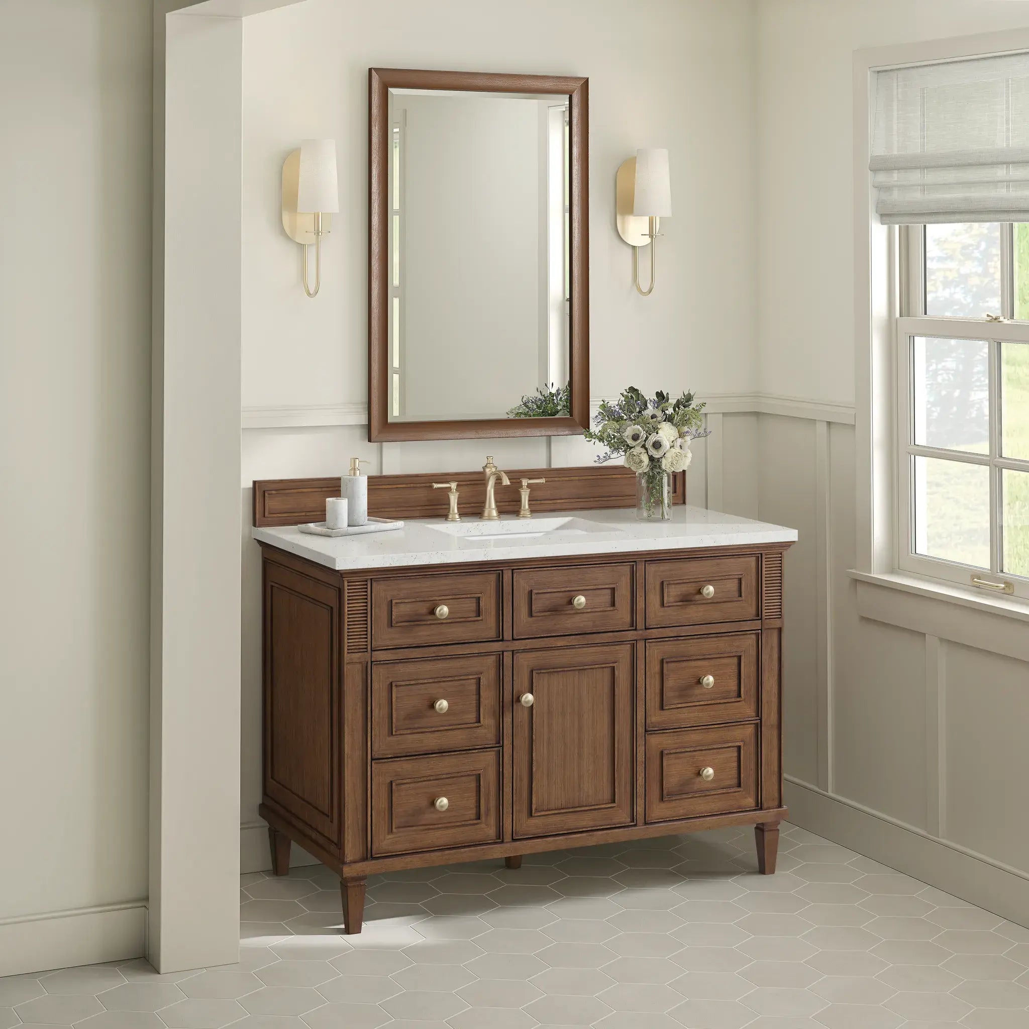 48" Lorelai Single Vanity in Mid-Century Walnut-Lime Delight Silestone-8" Widespread image 4