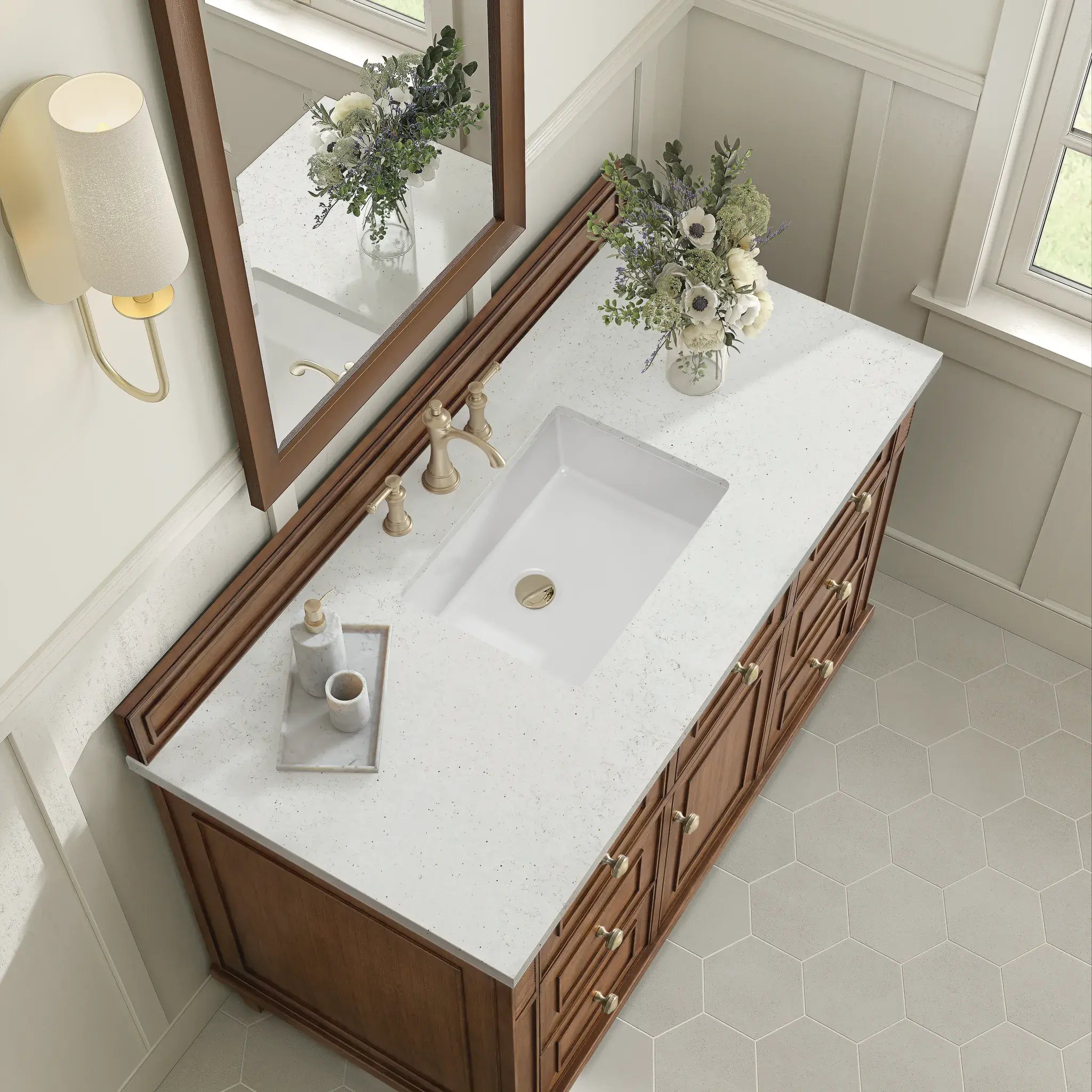 48" Lorelai Single Vanity in Mid-Century Walnut-Lime Delight Silestone-8" Widespread image 7
